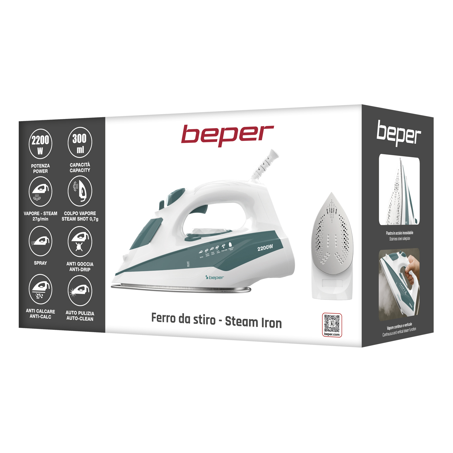 Scatola di ferro da stiro a vapore Beper bianca e verde acqua. Caratteristiche: spray, antigoccia e autopulente. Testo: 'Ferro da stiro - Steam Iron'.