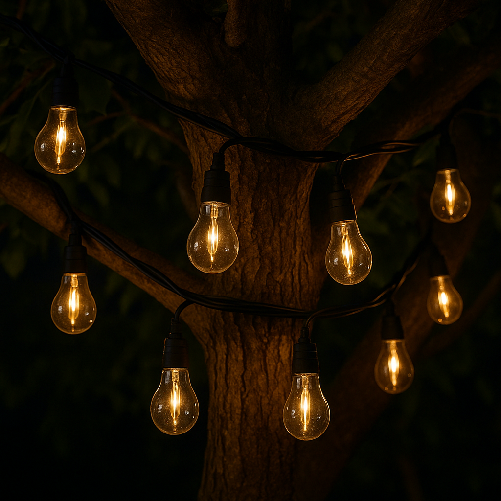String lights with glowing bulbs hang from tree branches. The background is a dark green, with brown tree bark.