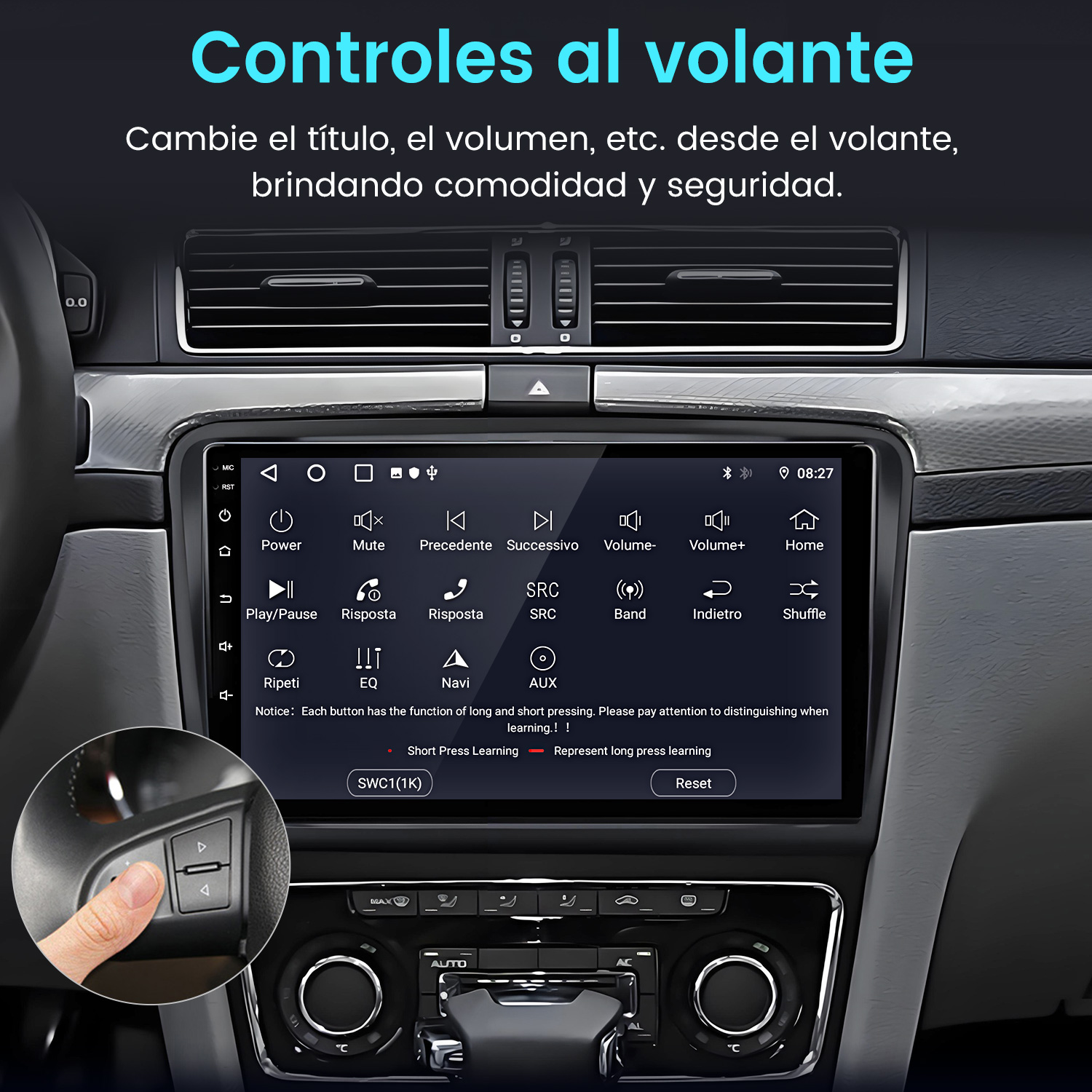 Panel de control del automóvil con pantalla que muestra los controles. Una mano presiona un botón en el volante. El texto en español describe las funciones.
