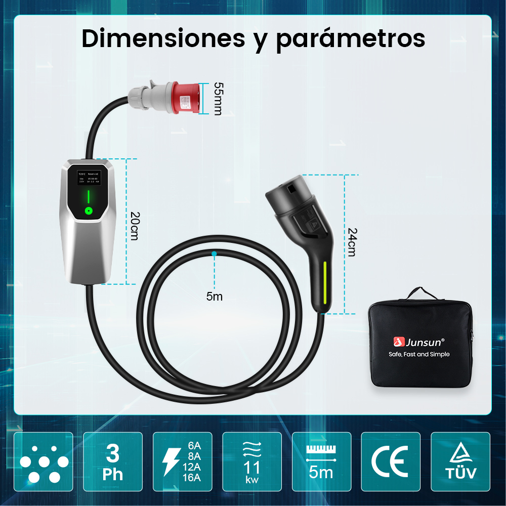 Diagrama de un cargador de vehículos eléctricos con dimensiones y parámetros. Incluye conectores, cable, pantalla y bolsa con logo Junsun.
