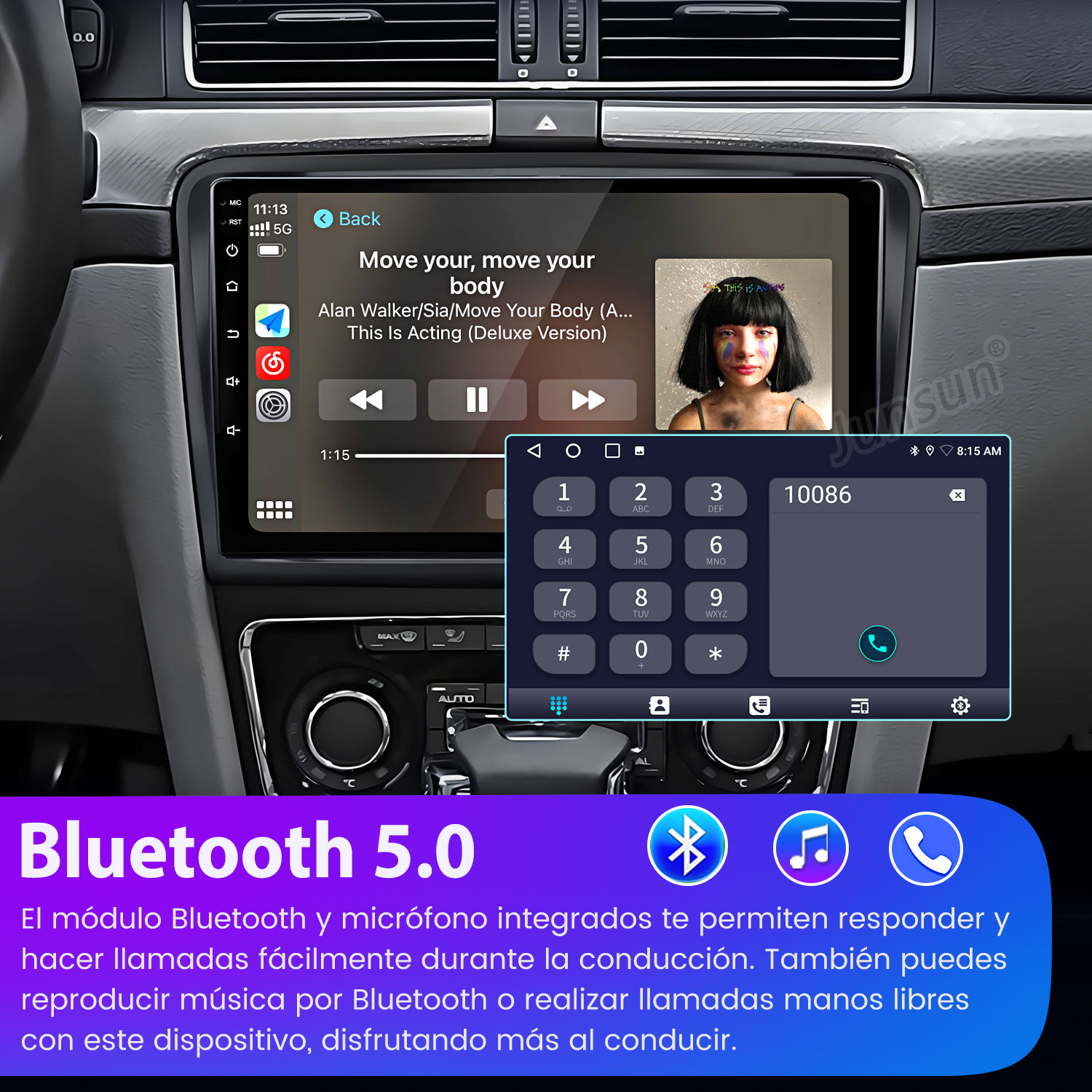 Panel del coche con pantalla multimedia, reproduciendo música y un marcador telefónico. Se destaca Bluetooth 5.0.
