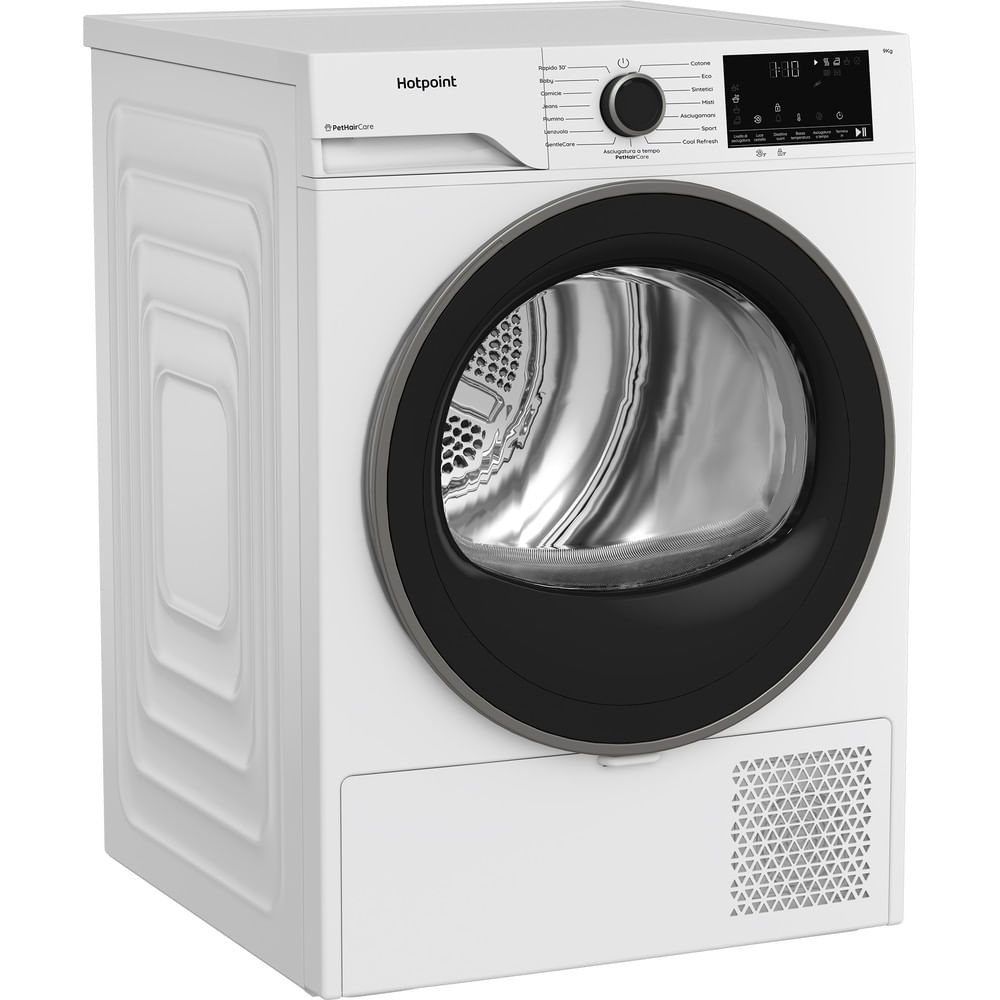 Un'asciugatrice Hotpoint bianca. Ha un bordo porta nero e un pannello di controllo. La porta è rotonda con un frontale in vetro. È presente un display digitale.
