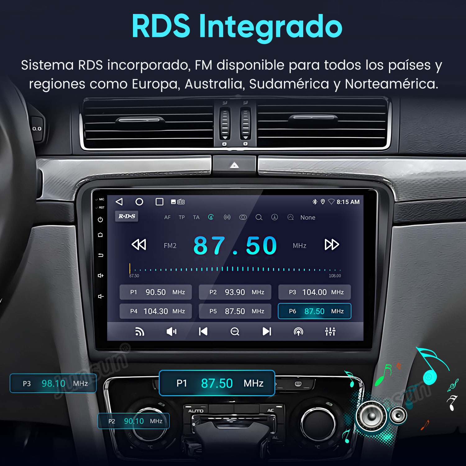 Pantalla de radio de coche que muestra la frecuencia FM 87.50 MHz, con otras estaciones preestablecidas. Controles: volumen, búsqueda y encendido.