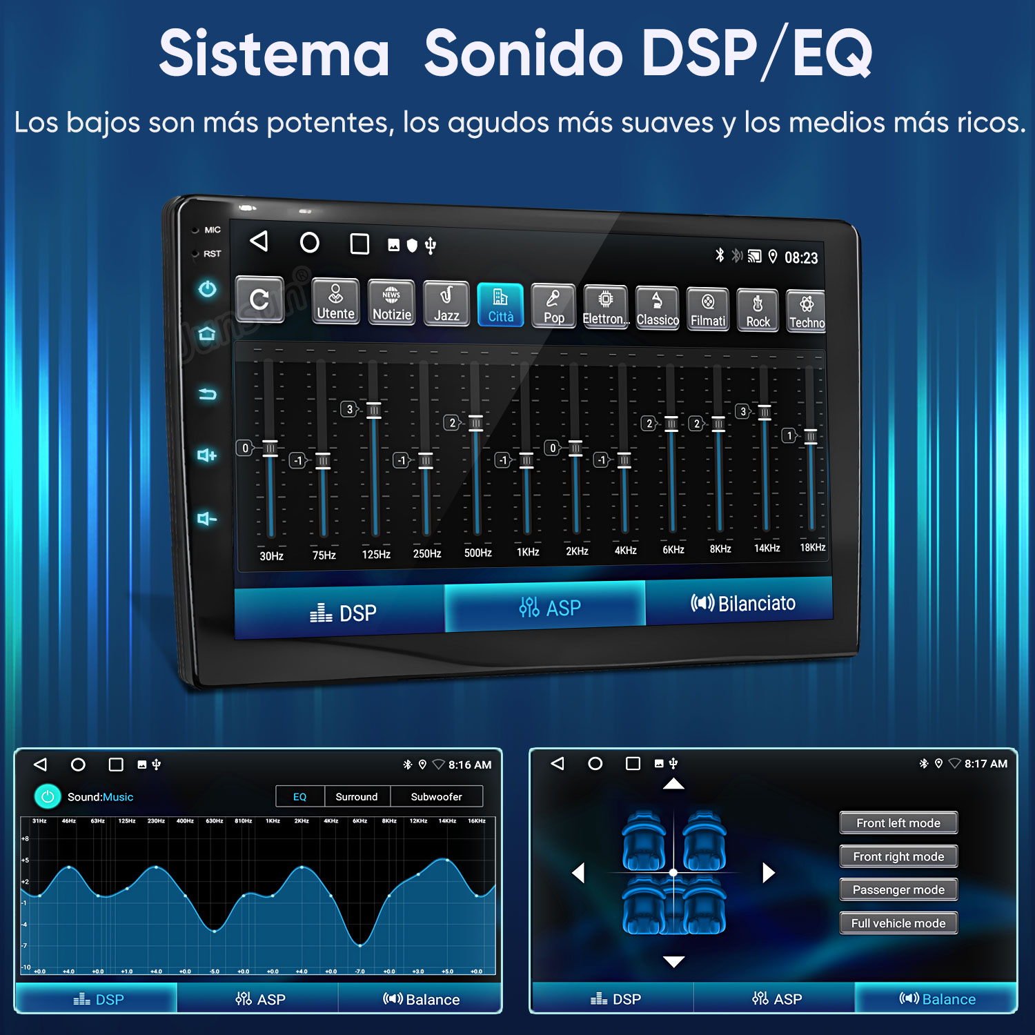 Interfaz del sistema de audio del coche con ecualizador, controles de sonido envolvente y subwoofer. Muestra la onda de sonido y modos.