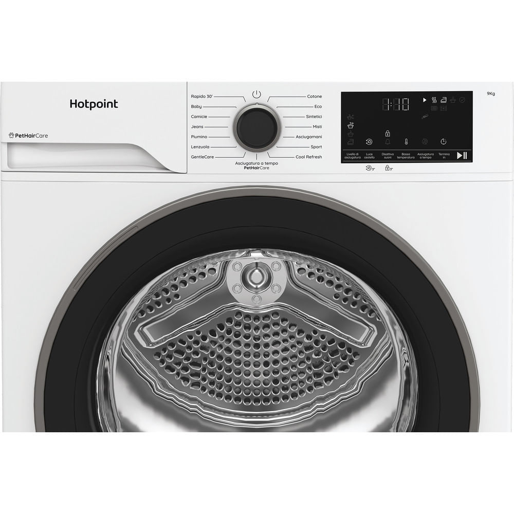 Un'asciugatrice Hotpoint bianca con porta nera. Ha un pannello di controllo con pulsanti e un display digitale che mostra 8:88.