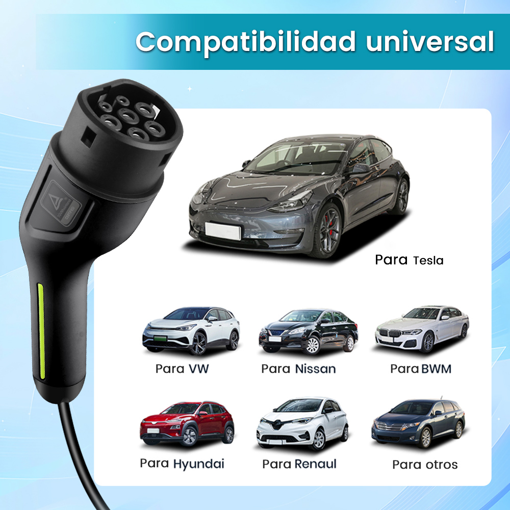 Se muestra un enchufe de carga negro con varios modelos de automóviles, incluidos Tesla, VW, Nissan, BWM, Hyundai y Renault.