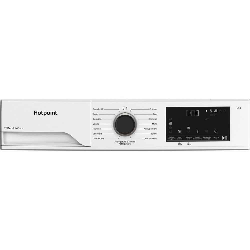 Asciugatrice Hotpoint bianca con pannello di controllo e display digitale. Ha un selettore per programmi come cotone e jeans.