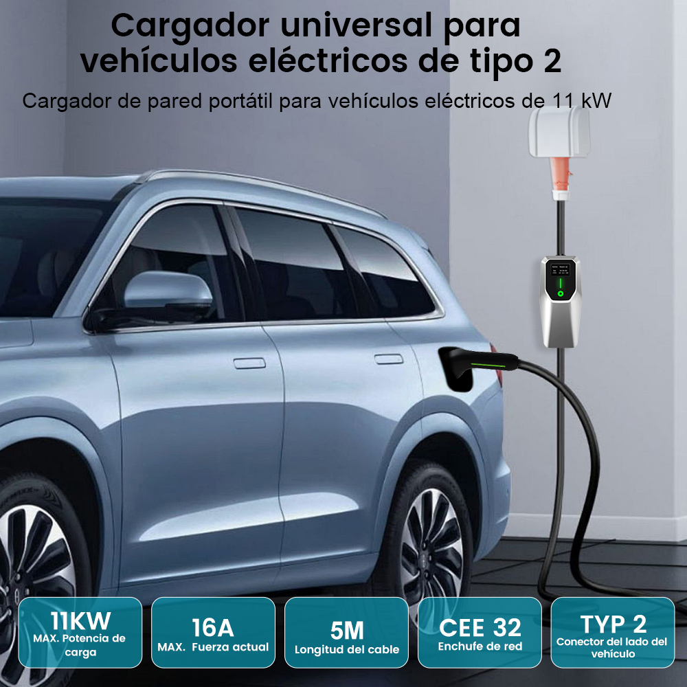Un coche eléctrico está conectado a una estación de carga. La estación está en la pared. El coche es azul claro.