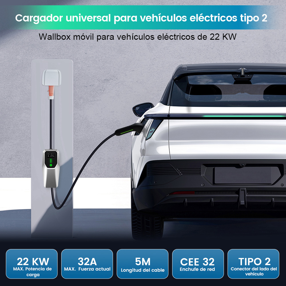 Un coche eléctrico blanco se está cargando. Una estación de carga está a la izquierda. Especificaciones: 22KW, 32A, cable de 5M, enchufe CEE 32, conector Tipo 2.