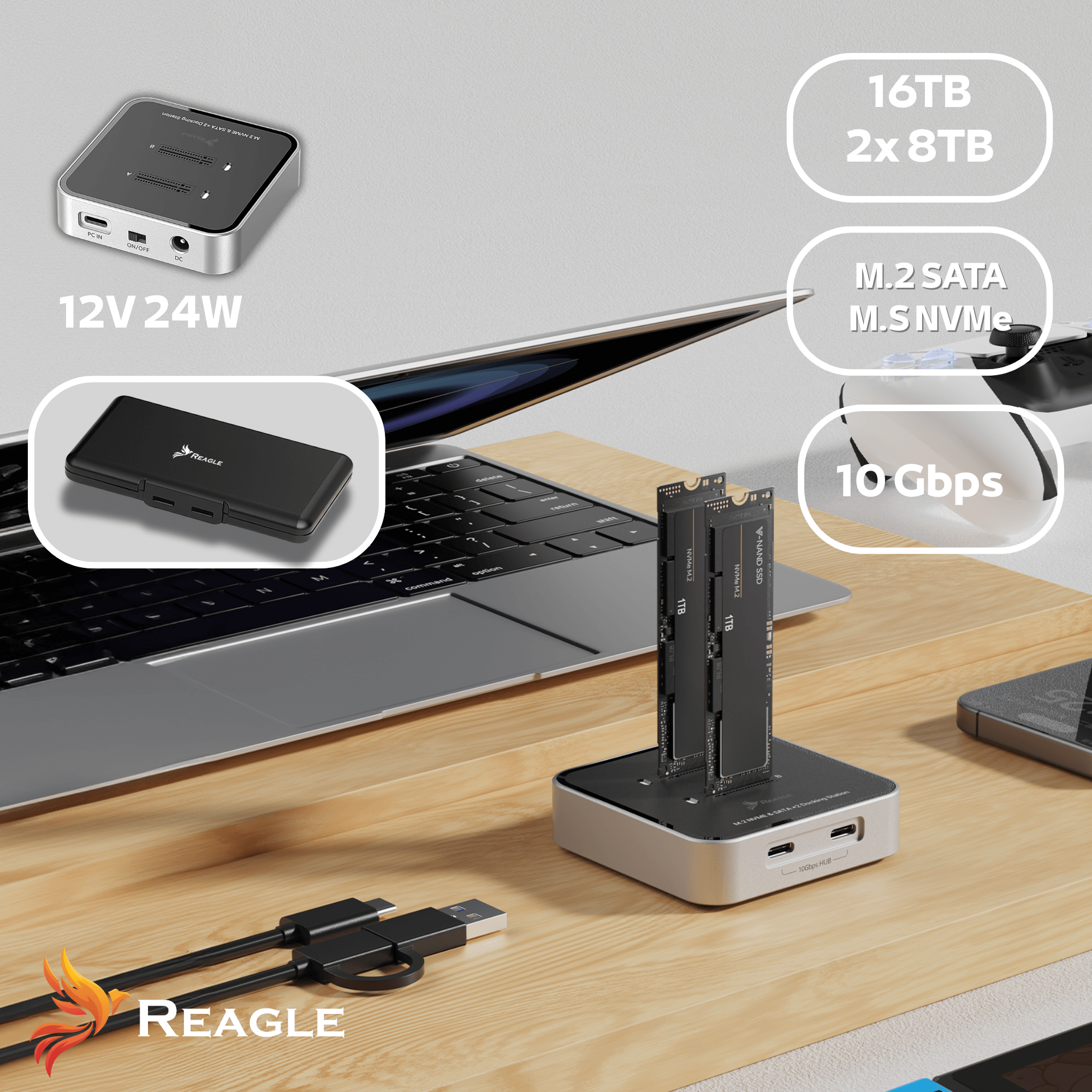 Zdjęcie produktu ze stacją dokującą, laptopem i dyskami SSD. Zawiera tekst o pamięci i prędkości.