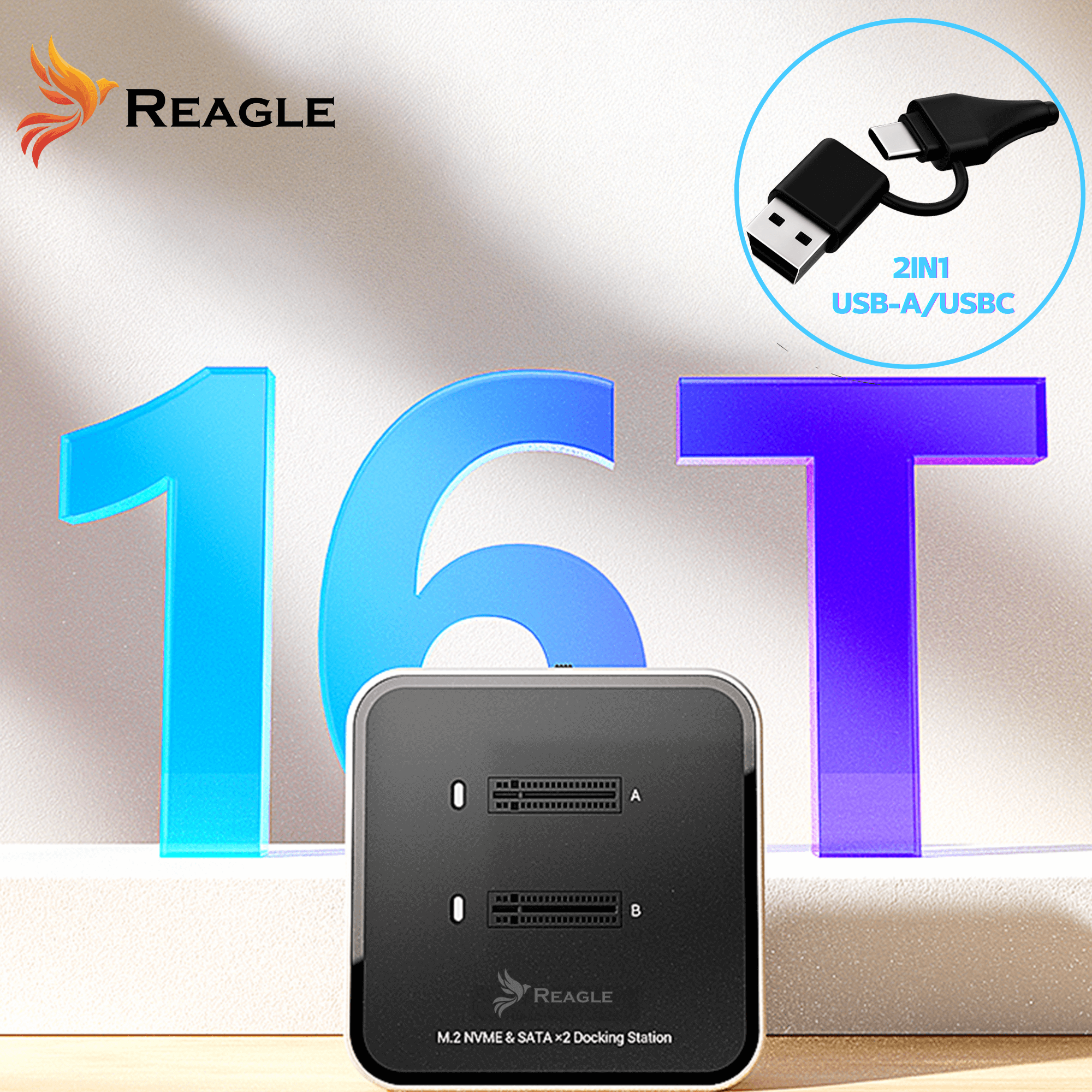 Obraz przedstawia czarną stację dokującą z niebieskimi i fioletowymi cyframi 16T oraz kablem USB-A/USBC.