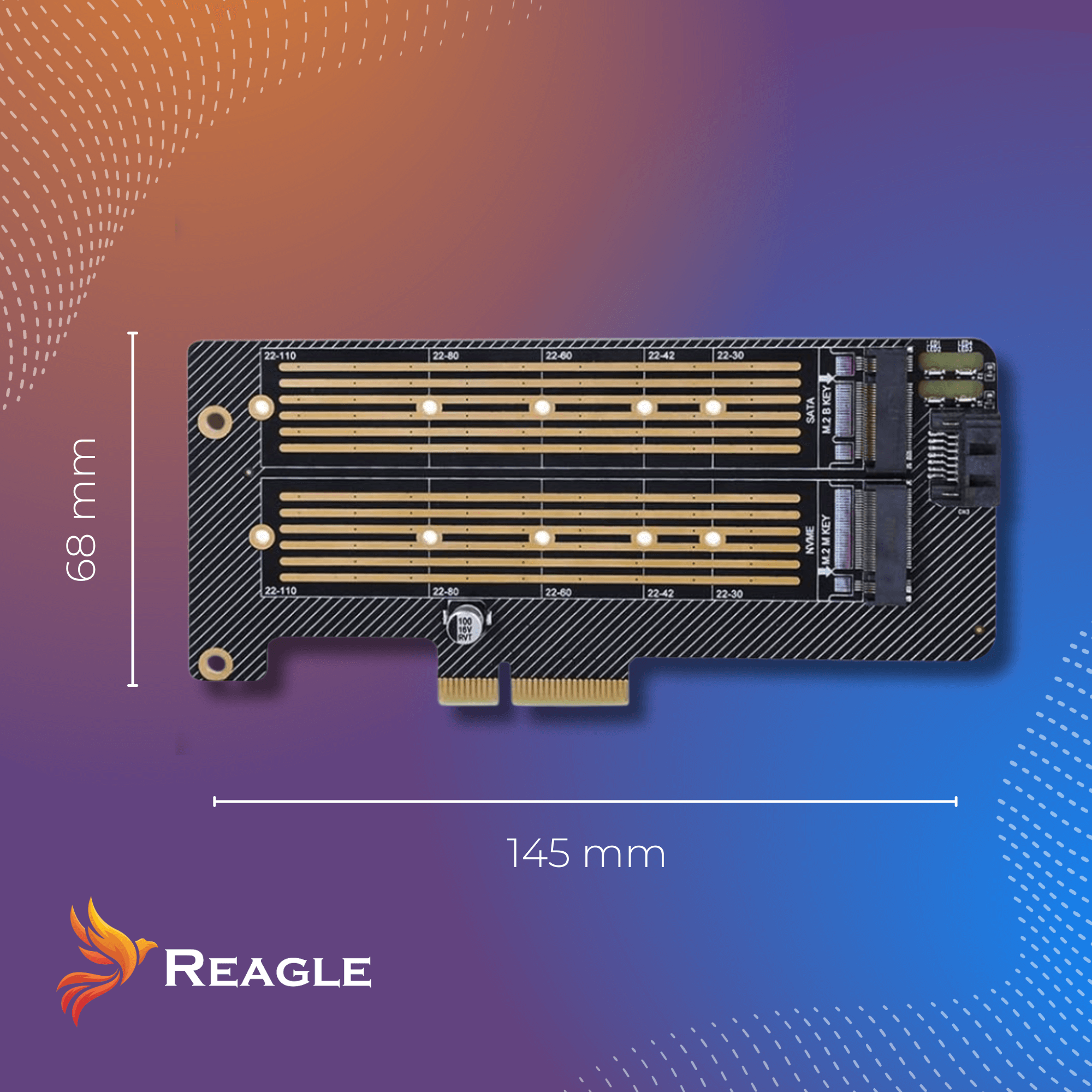 Czarna płytka drukowana ze złotymi złączami, oznaczona numerami i literami. Wymiary: 68 mm x 145 mm.