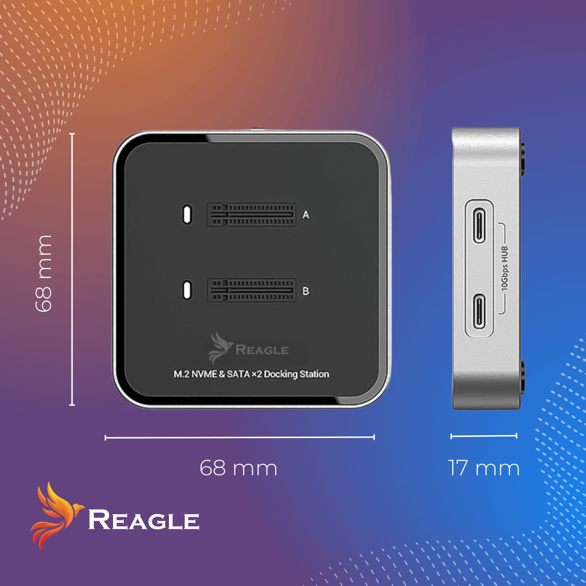 Stacja dokująca z dwoma gniazdami, oznaczonymi A i B, oraz widok z boku pokazujący porty koncentratora 10 Gbps. Wymiary są pokazane.