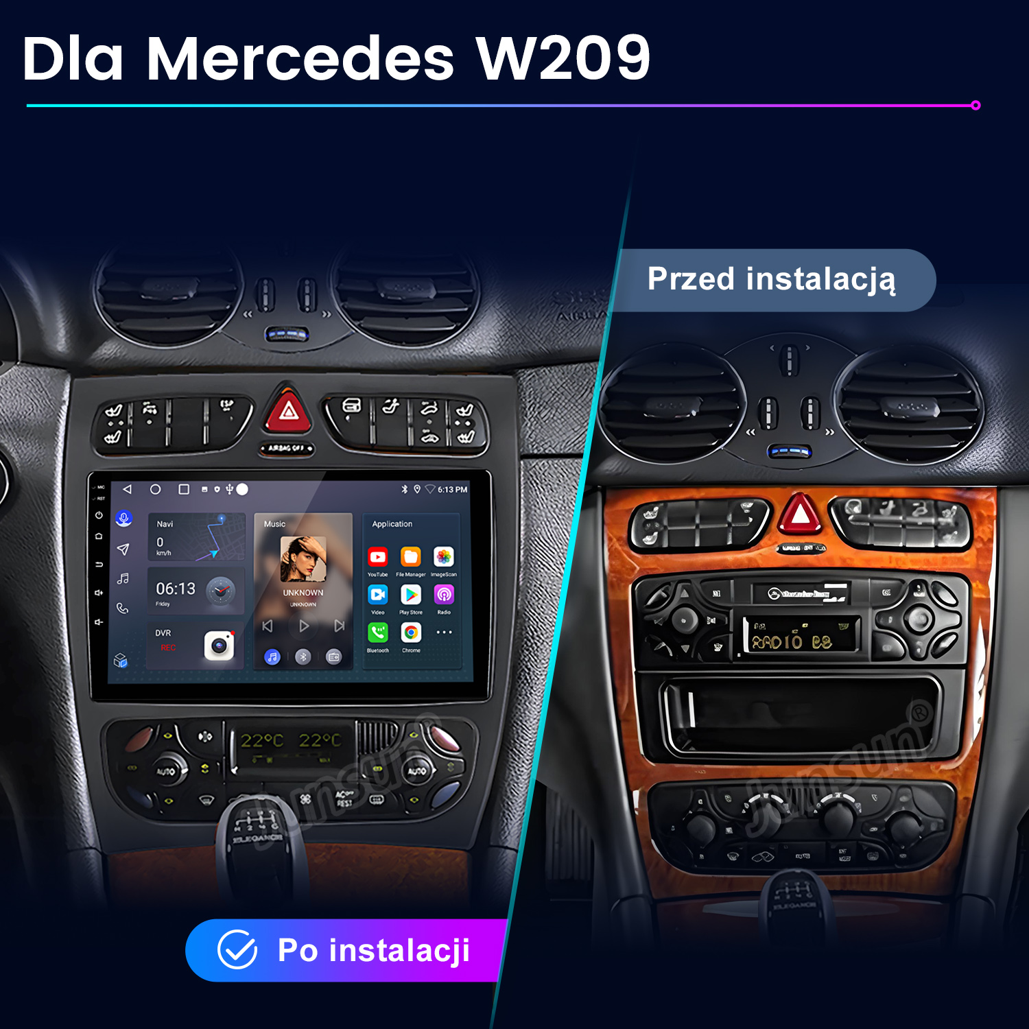 Porównanie deski rozdzielczej samochodu: przed i po instalacji. Pokazano radio i ekran. Tytuł: Dla Mercedes W209.