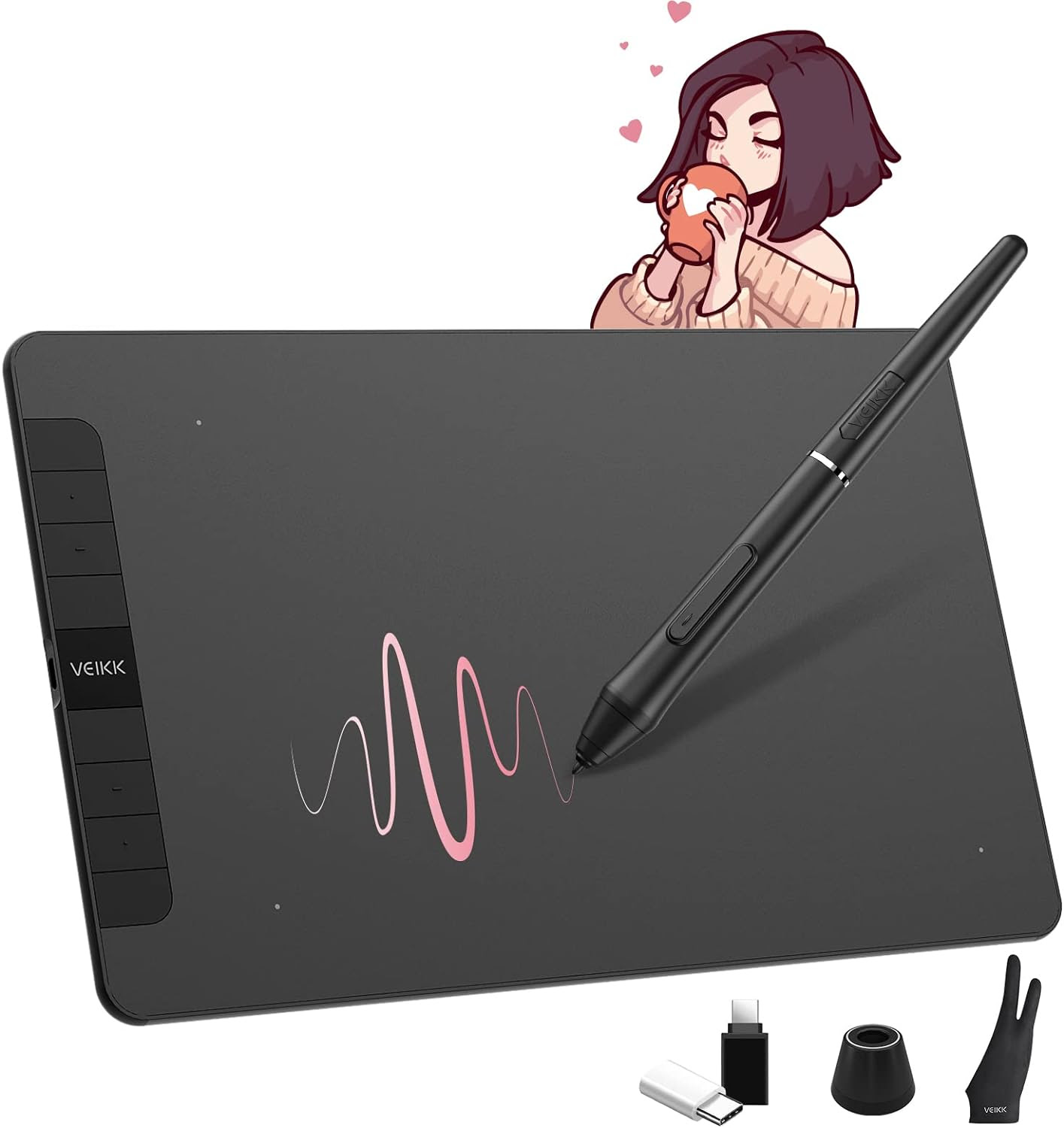 Kalem ve aksesuarları olan bir grafik tablet. Arka planda bir kadının bir kupadan içtiği bir çizim.