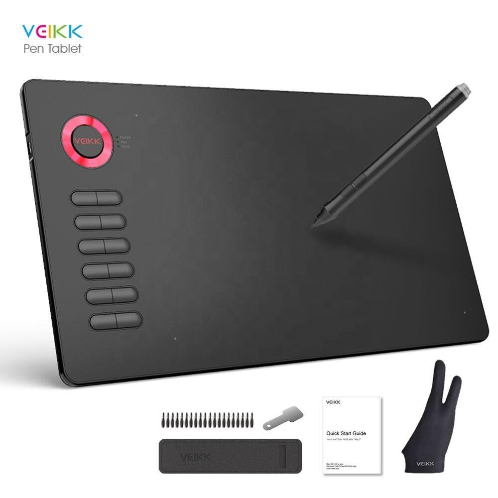 Siyah Veikk kalem tableti, kalem, aksesuarlar ve eldiven. Tablet, çizim için düğmelere ve dokunmatik bir alana sahiptir.