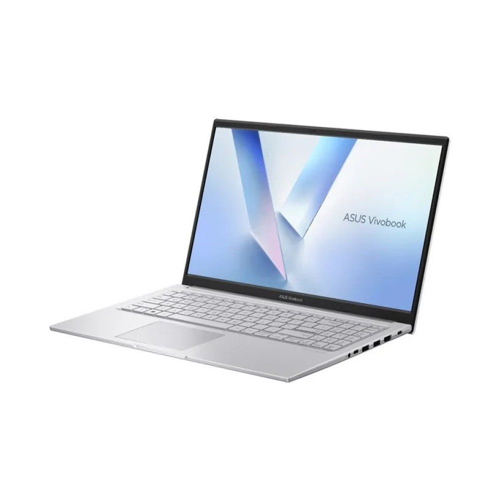 Srebrny laptop ASUS Vivobook na białym tle. Ekran pokazuje abstrakcyjny wzór i nazwę marki. Widoczna klawiatura i touchpad.