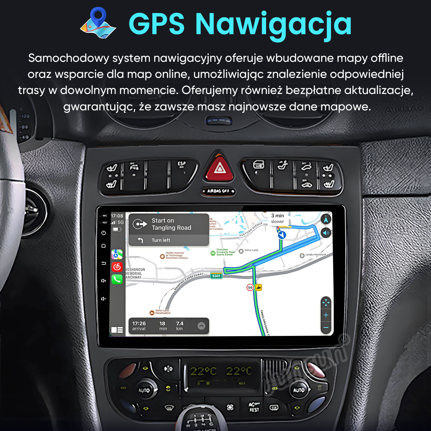 Ekran systemu nawigacji samochodowej pokazujący mapę z prowadzeniem po trasie i szczegółami deski rozdzielczej.
