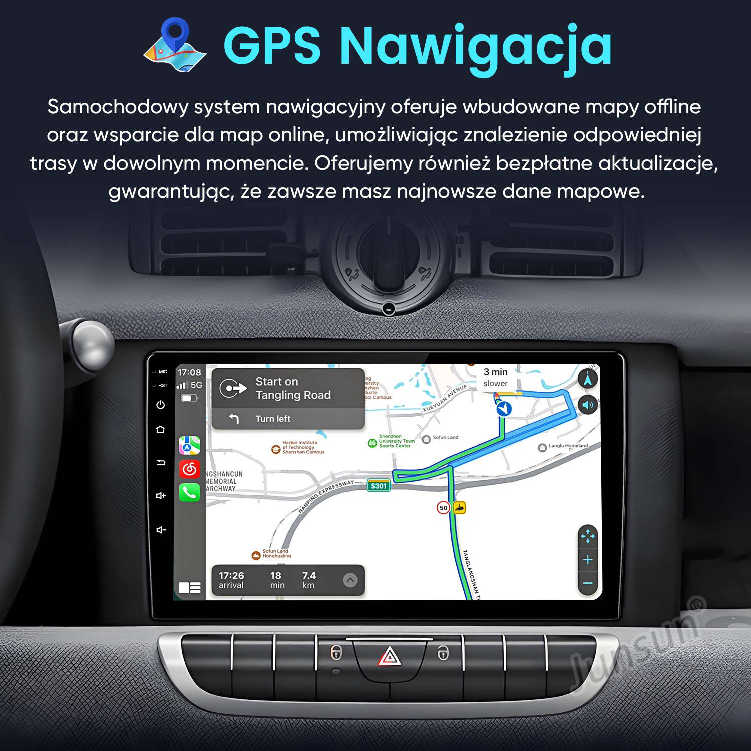 Ekran samochodowego systemu nawigacji wyświetlający mapę ze wskazówkami dojazdu. Na ekranie widać trasę.