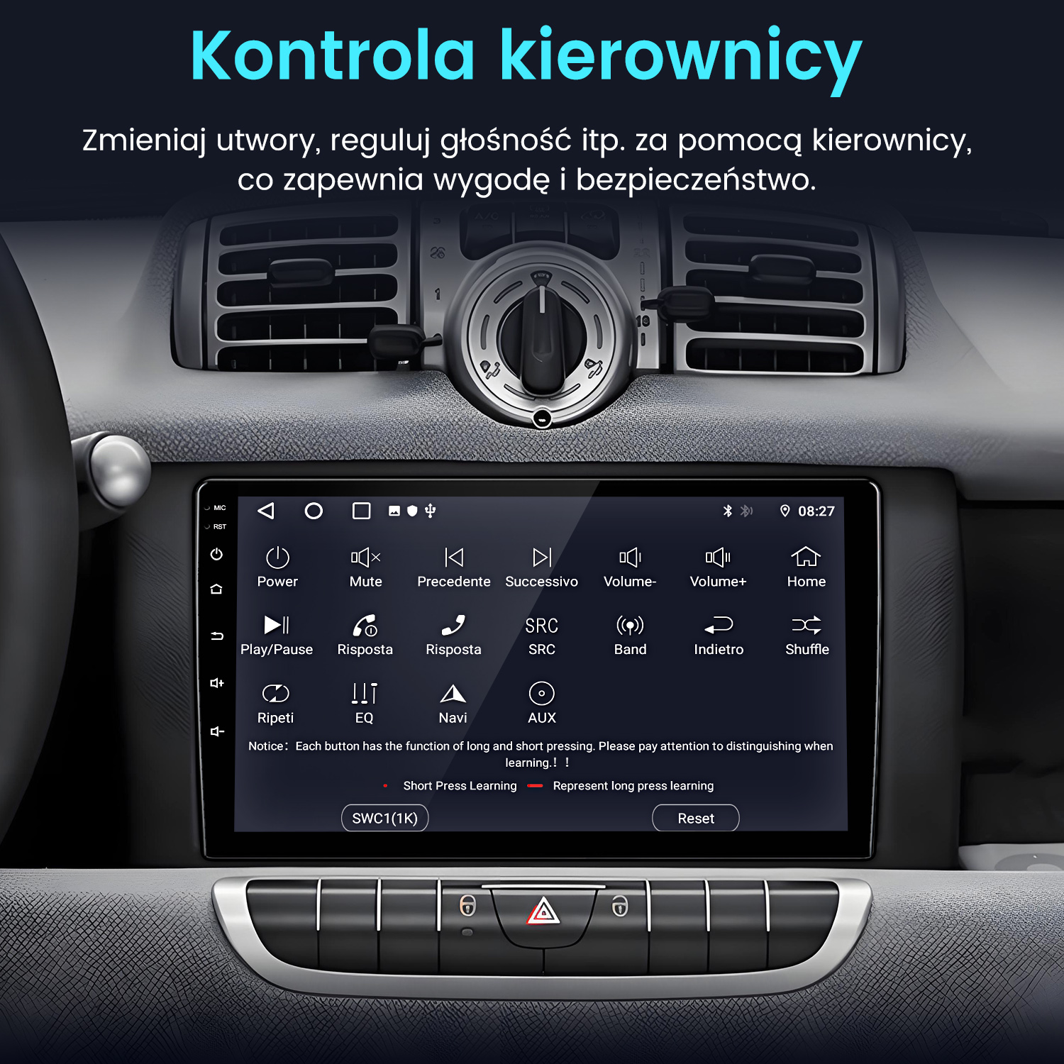 Deska rozdzielcza samochodu z ekranem wyświetlającym opcje i przyciski. Tekst w języku polskim. Otwory wentylacyjne i elementy sterujące.