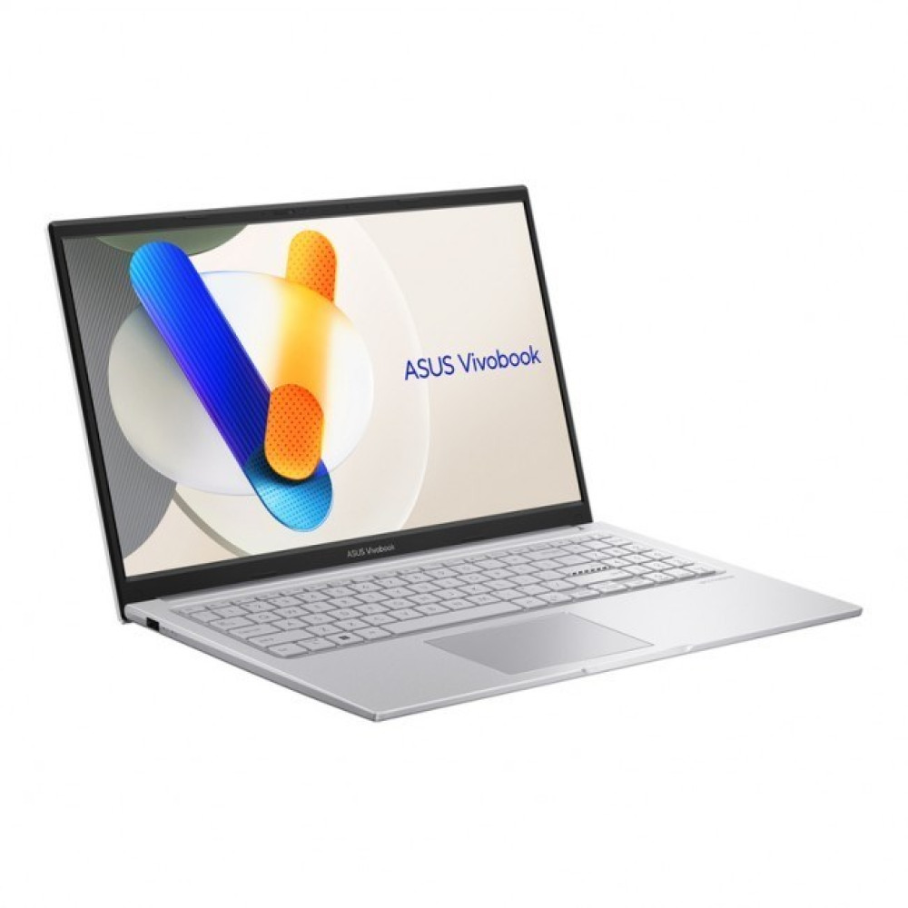 Srebrny laptop Asus Vivobook jest otwarty. Ekran pokazuje logo z niebieskimi i pomarańczowymi kształtami. Klawiatura jest widoczna.