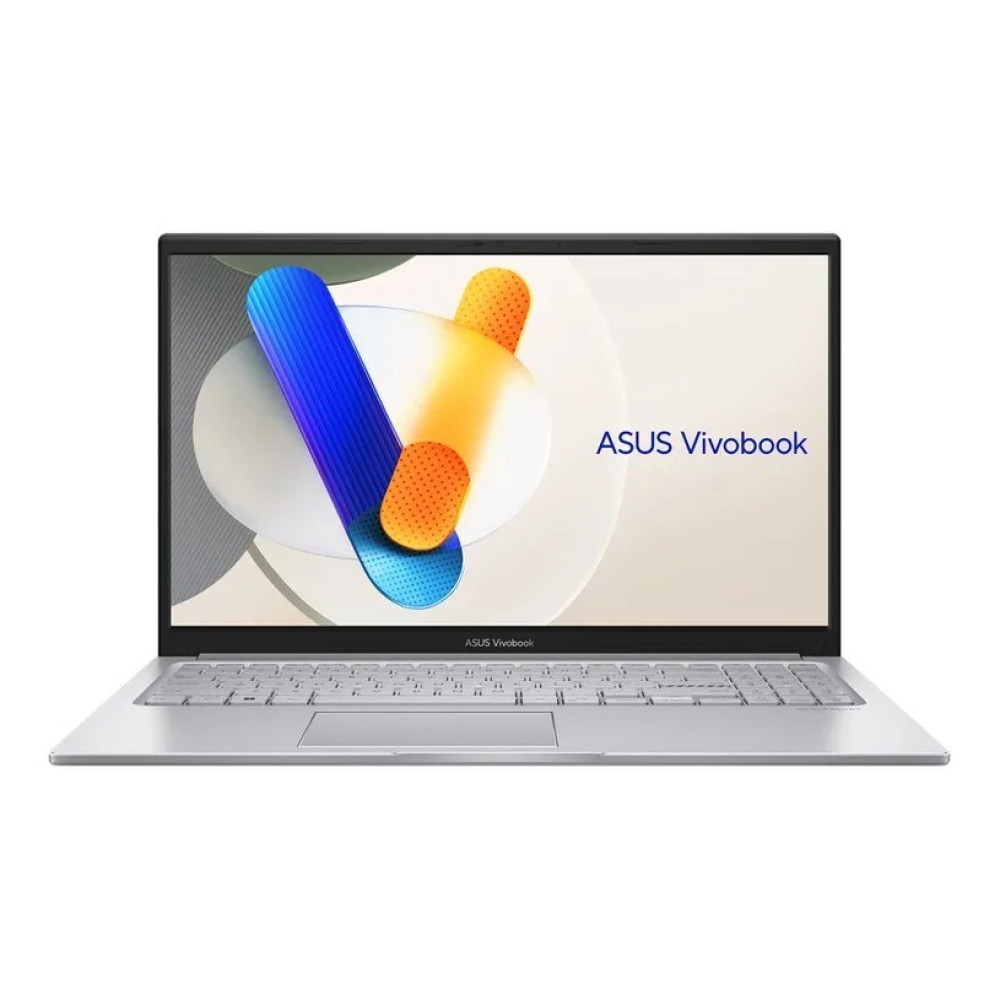 Srebrny laptop ASUS Vivobook jest otwarty. Ekran pokazuje abstrakcyjny wzór niebieskich, pomarańczowych i białych kształtów. Klawiatura jest widoczna.
