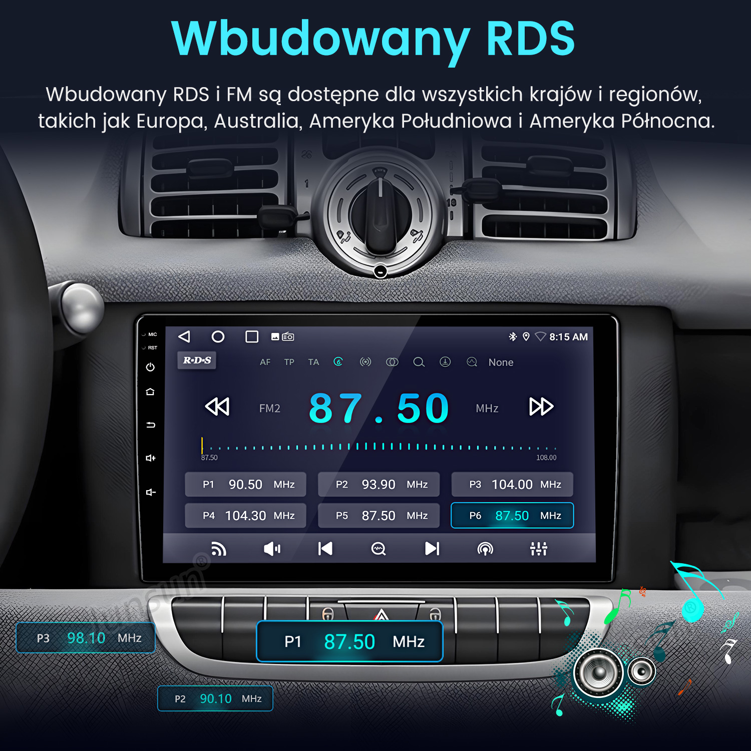 Ekran radia samochodowego wyświetlający informacje radiowe FM. Pokazuje częstotliwość 87,50 MHz i przyciski zaprogramowane. Wnętrze samochodu jest widoczne.