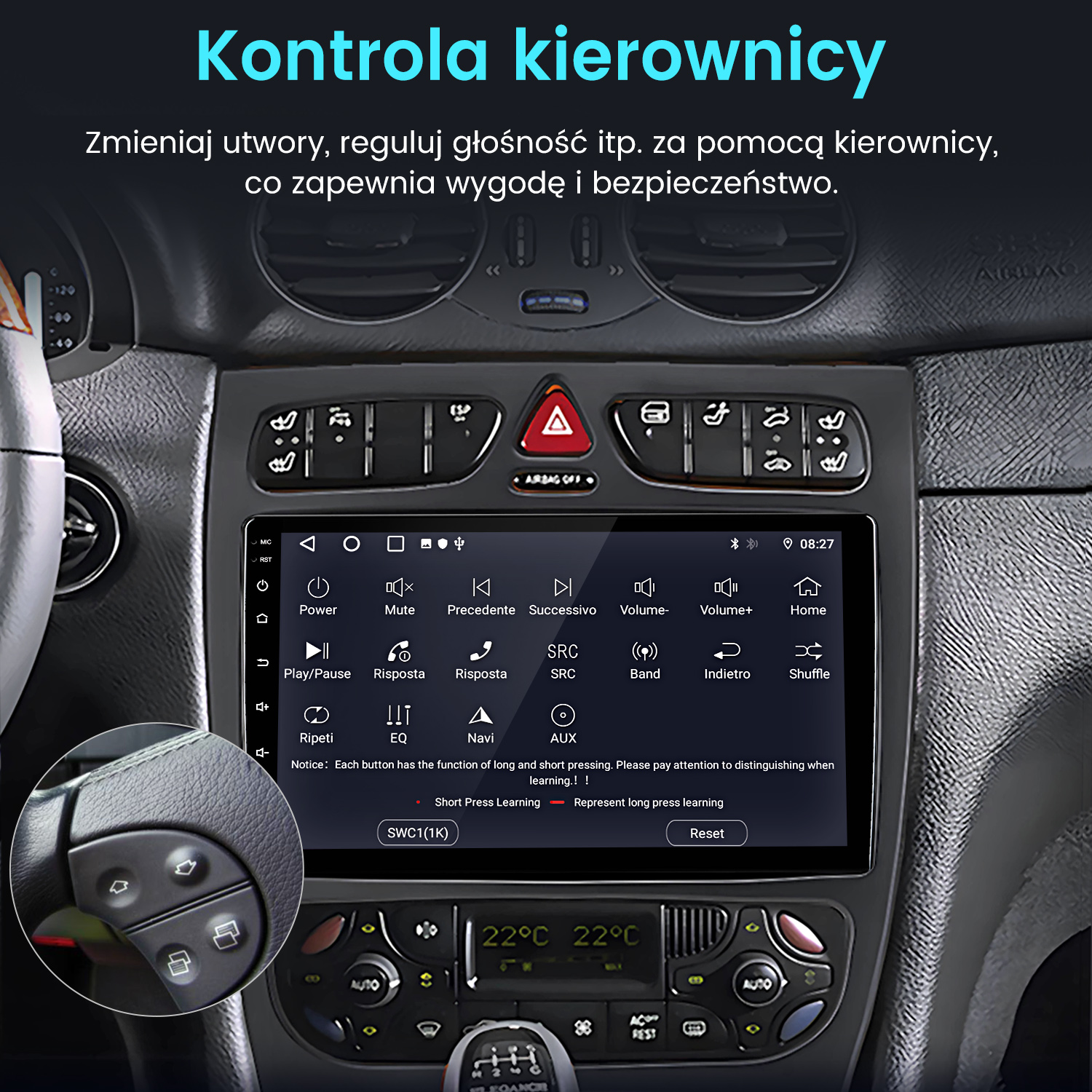 Deska rozdzielcza samochodu z panelem sterowania do muzyki i ustawień. Widoczna kierownica i dźwignia zmiany biegów.