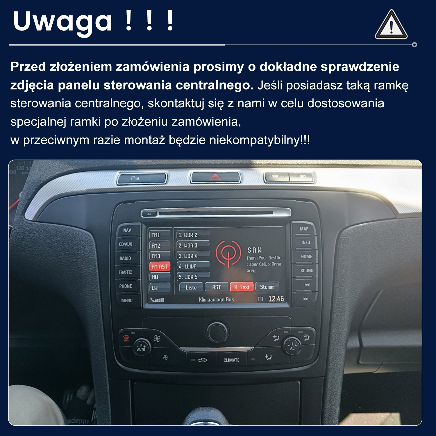 Deska rozdzielcza samochodu z wyświetlaczem radia i przyciskami klimatyzacji. Radio odtwarza piosenkę o 12:46.