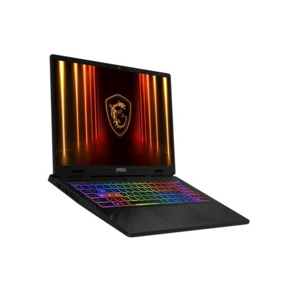 Laptop MSI negro con teclado arcoíris, pantalla iluminada con logo sobre fondo rojo con luces naranjas.