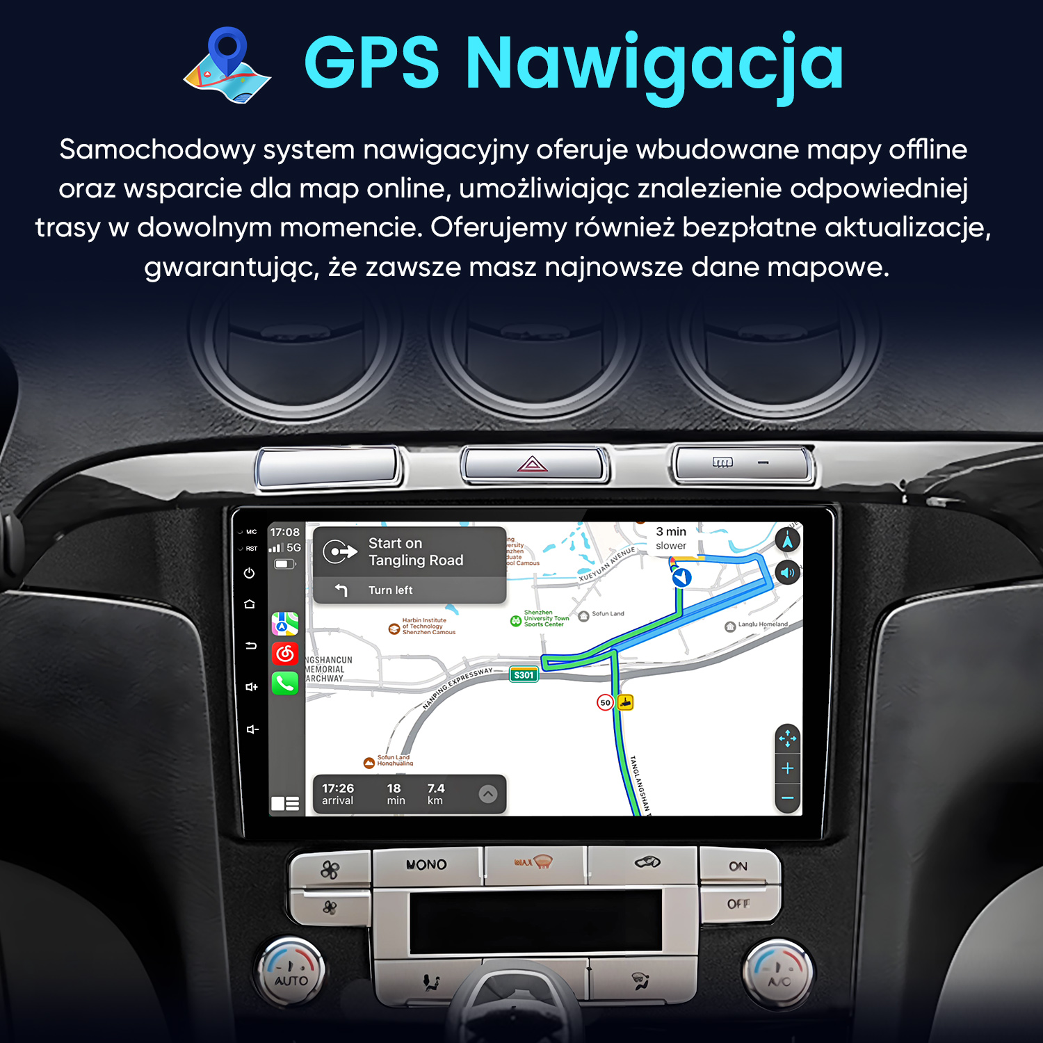 Ekran nawigacji samochodowej wyświetla mapę z prowadzeniem po trasie. Przyciski i elementy sterujące są widoczne na desce rozdzielczej.