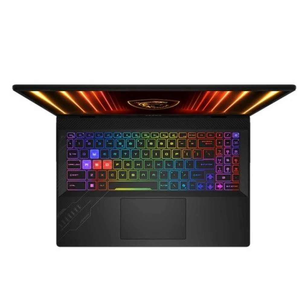 Vista superior de una laptop con teclado iluminado con arcoíris. La pantalla muestra un logotipo con degradado naranja y rojo. Un panel táctil está debajo del teclado.