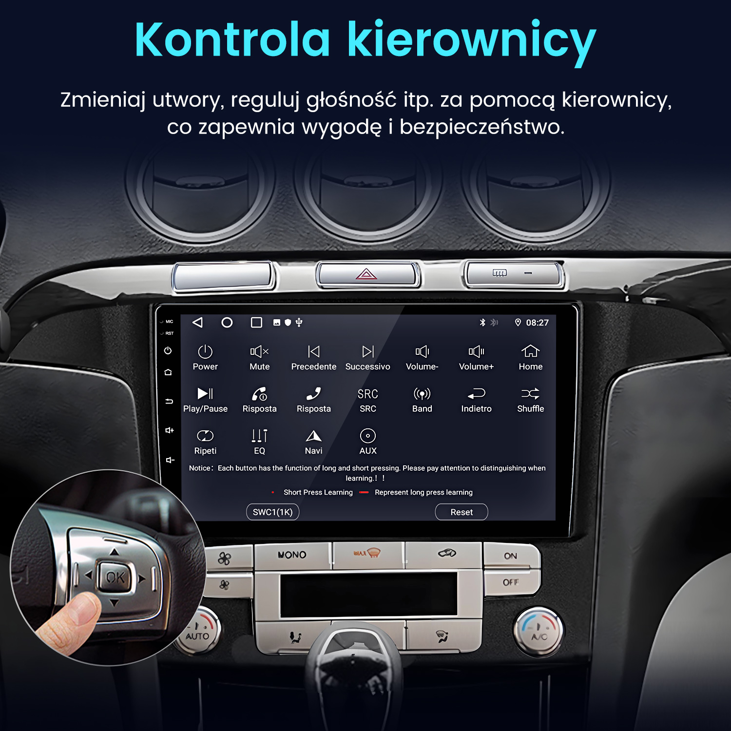 Deska rozdzielcza z ekranem i przyciskami. Ręka naciska przycisk OK na kierownicy. Widoczny tekst w języku polskim.