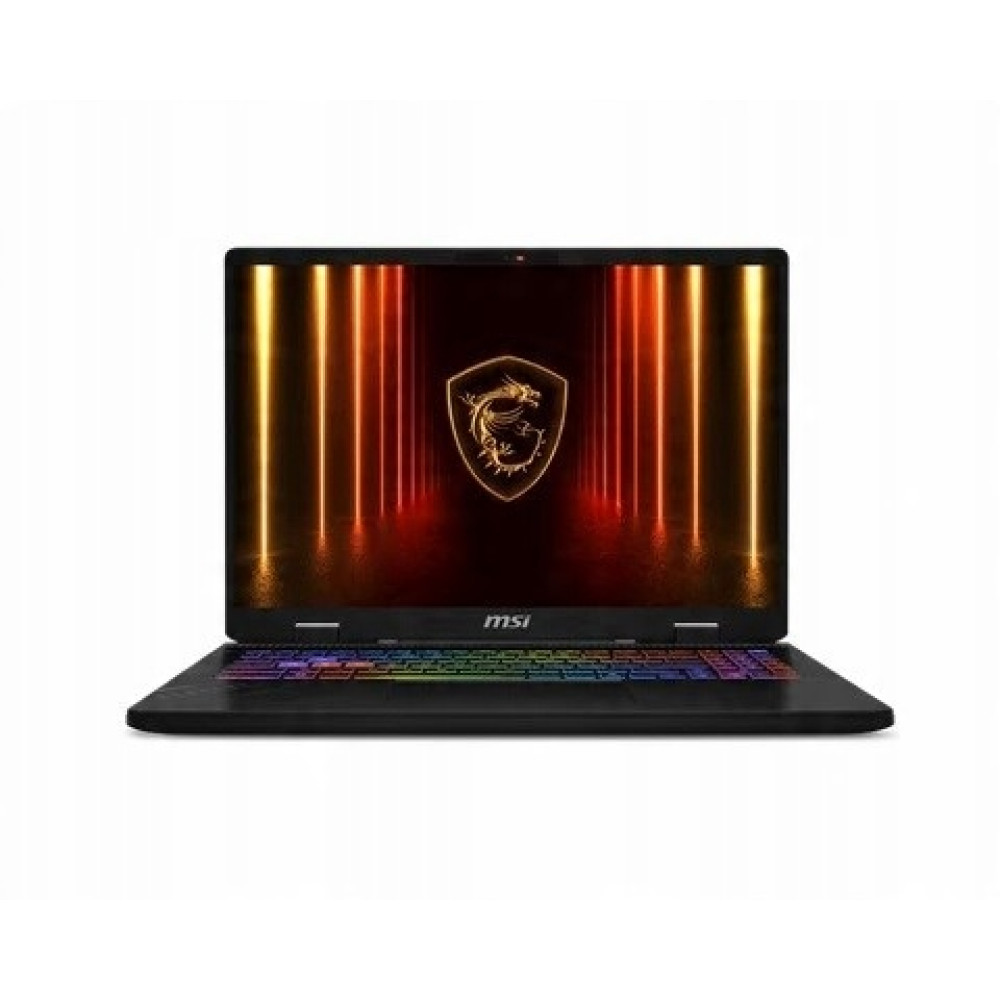 Un portátil MSI negro está abierto. La pantalla muestra un logotipo de dragón, con un teclado colorido. El fondo es un diseño de luces abstracto.