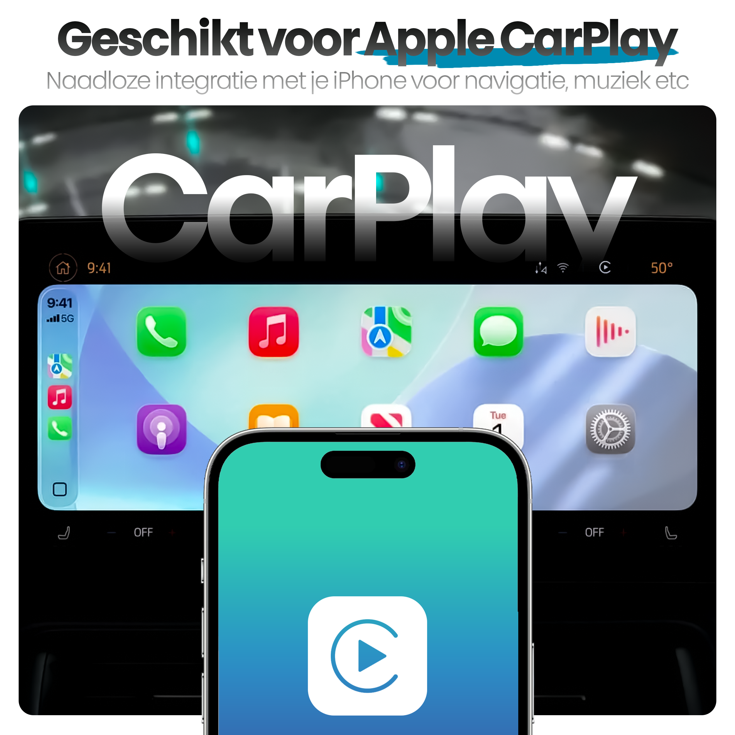 Afbeelding toont een iPhone met CarPlay-interface. Het scherm heeft app-iconen voor muziek, kaarten en instellingen. Tekst in het Nederlands en Engels.