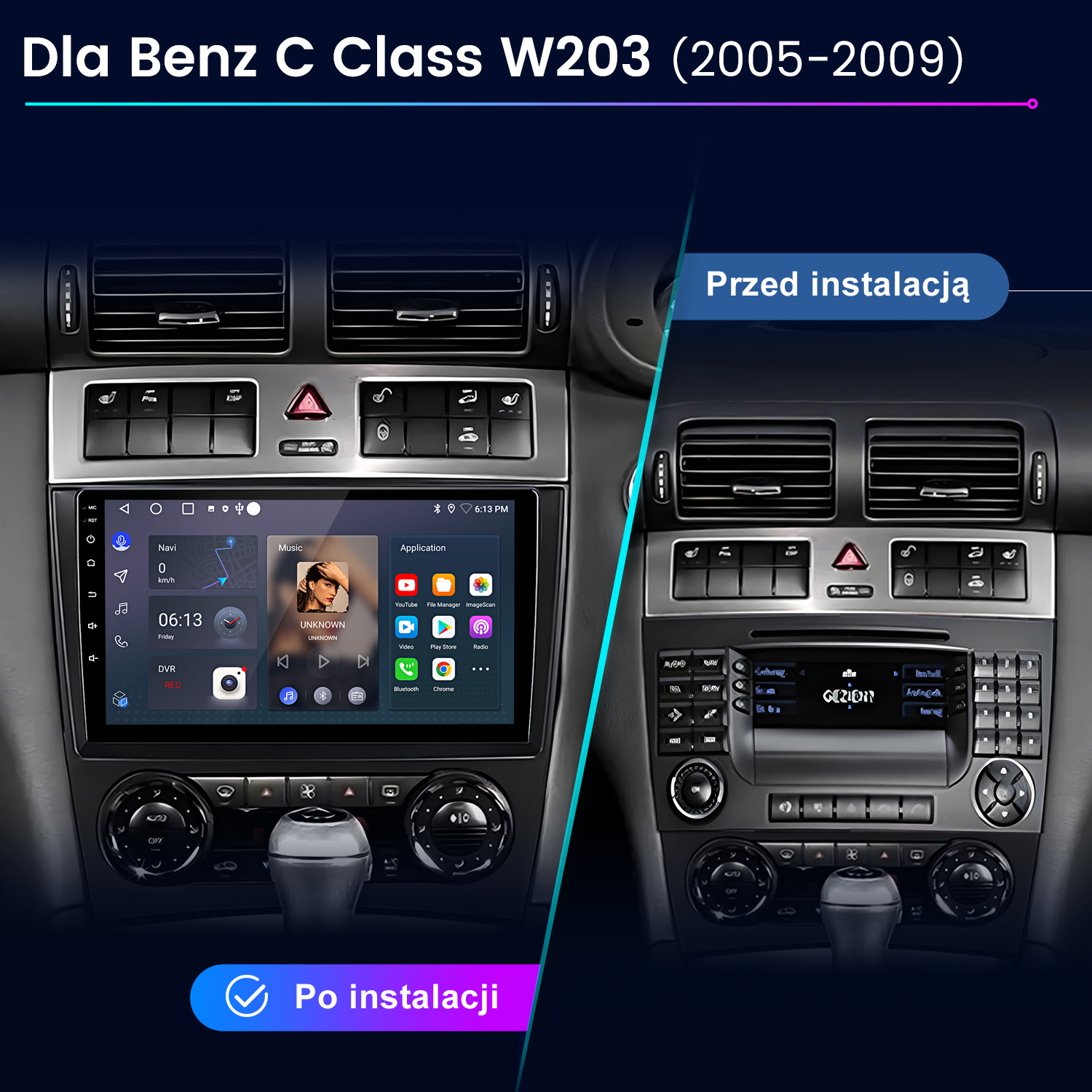 Obrazek przedstawia deskę rozdzielczą samochodu przed i po zainstalowaniu nowego ekranu. Nowy ekran wyświetla nawigację i muzykę.