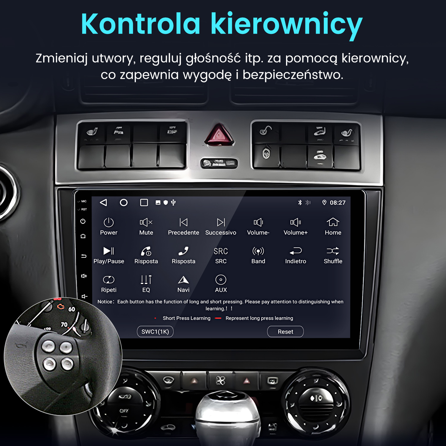 Deska rozdzielcza samochodu z ekranem i elementami sterowania kierownicą. Widoczne przyciski głośności, wyciszenia i nawigacji.