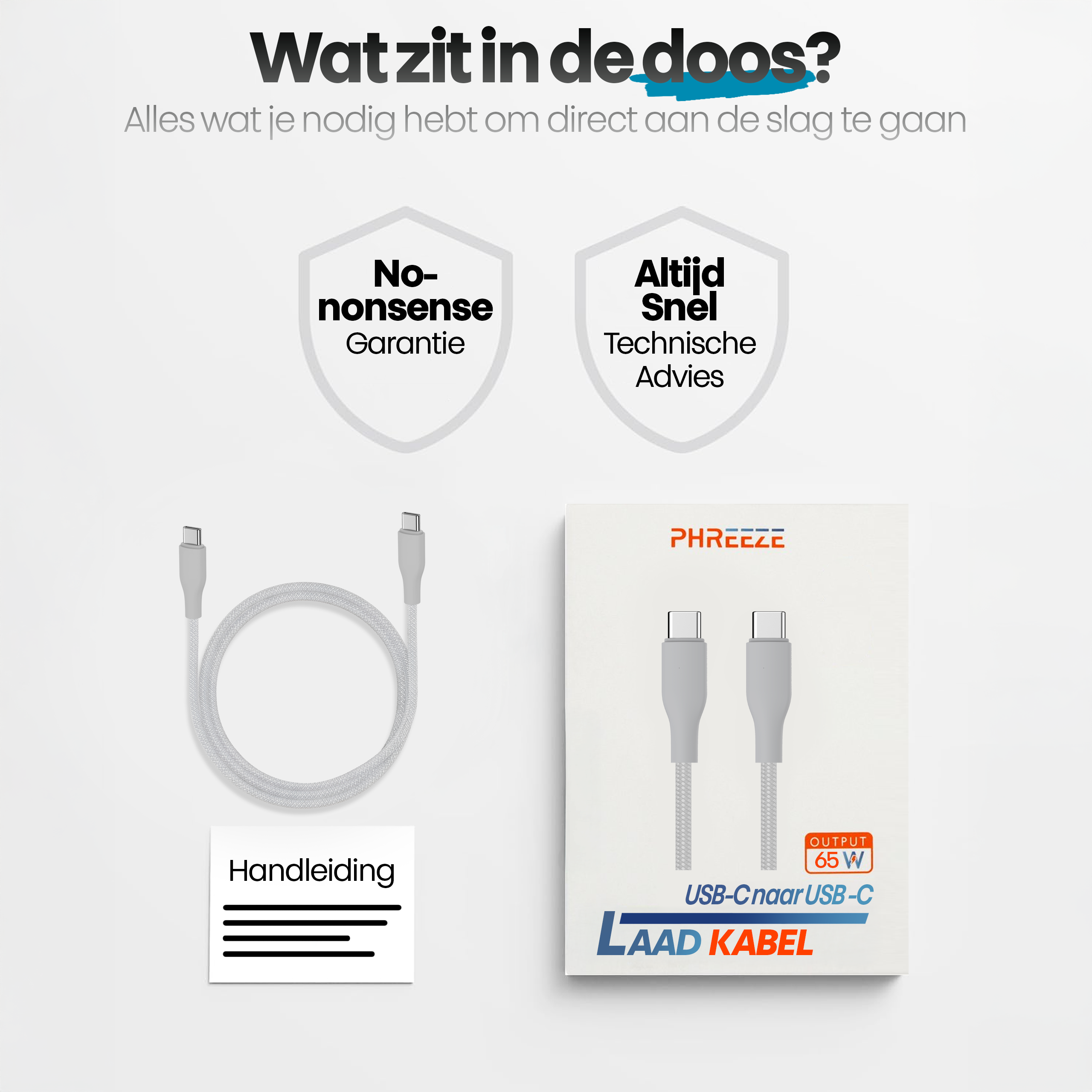 Afbeelding toont een USB-C kabel en de verpakking. Tekst bevat 'Wat zit in de doos?' en 'USB-C naar USB-C'.