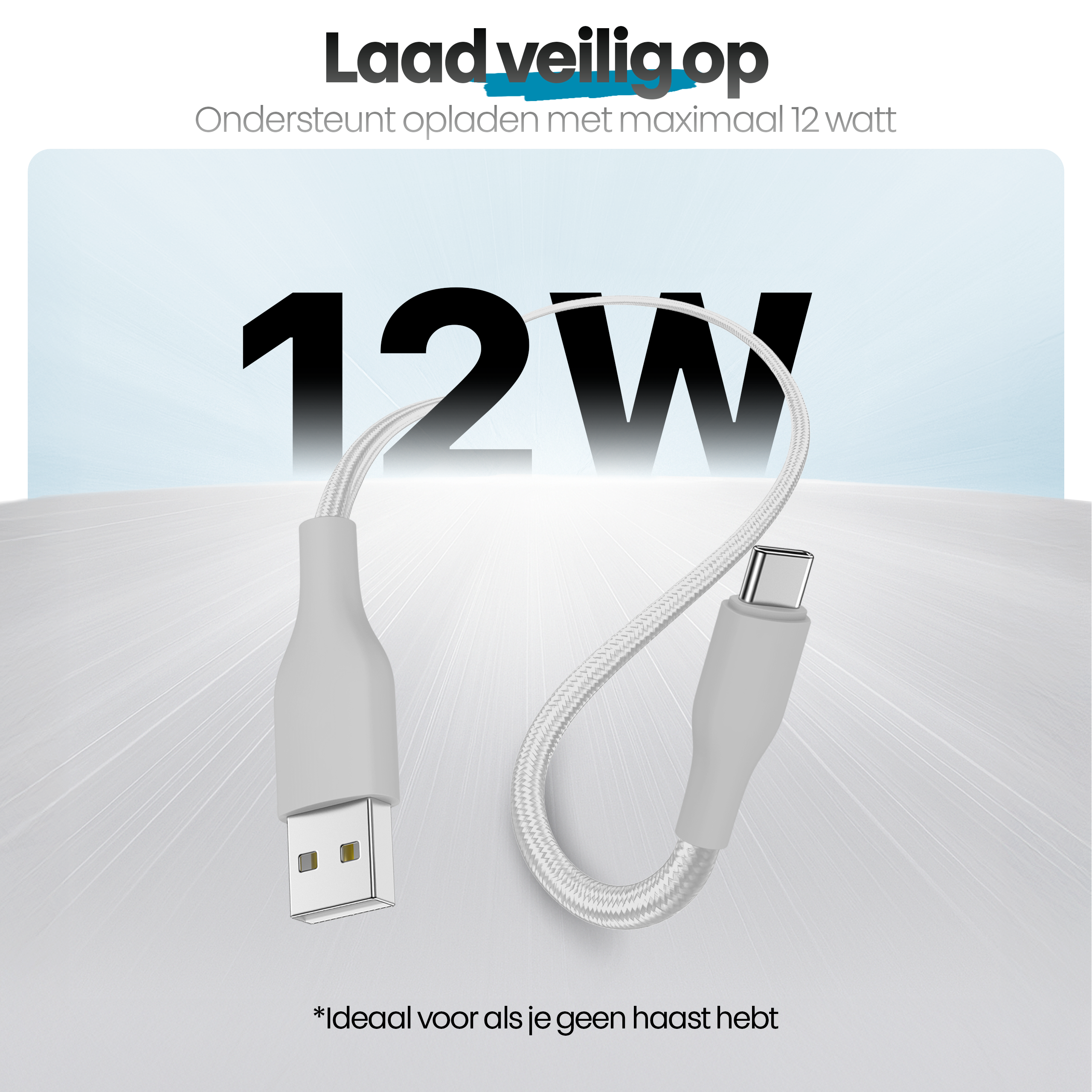 Afbeelding toont een witte oplaadkabel met USB- en USB-C-connectoren, de tekst zegt: Veilig opladen, ondersteunt tot 12 watt.