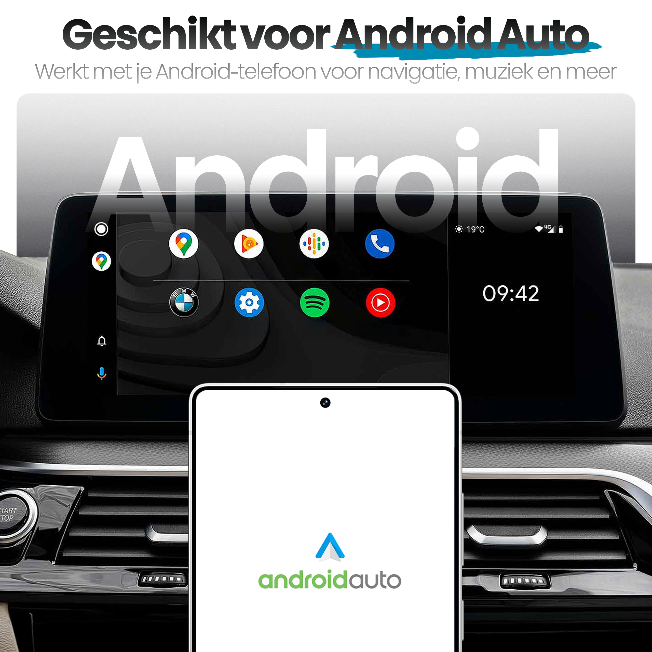 Autodashboard met Android Auto-interface met iconen voor navigatie, muziek en oproepen. Een telefoon toont het Android Auto-logo.