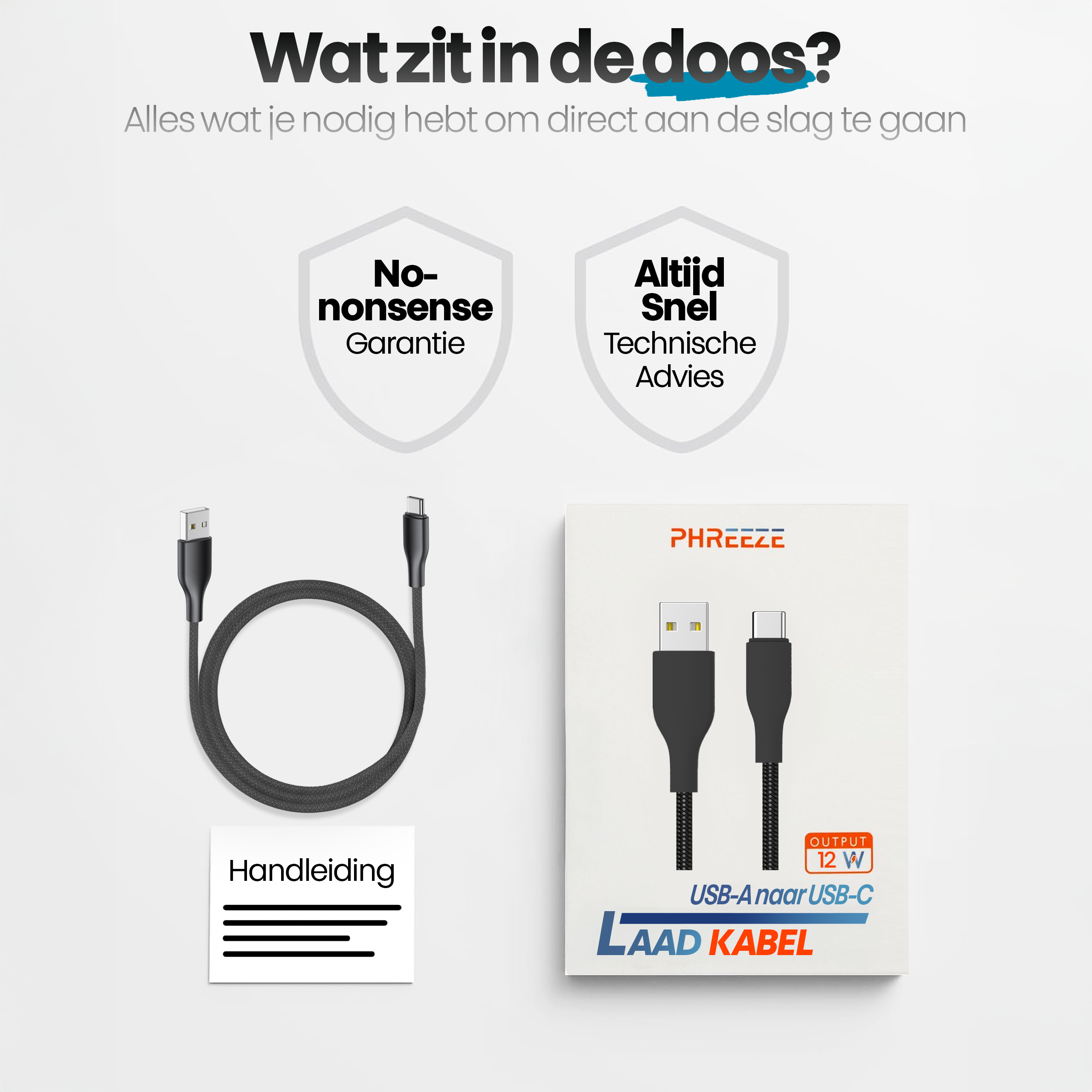 Afbeelding toont een USB-A naar USB-C oplaadkabel en de verpakking. Tekst omvat garantie, advies en productdetails.