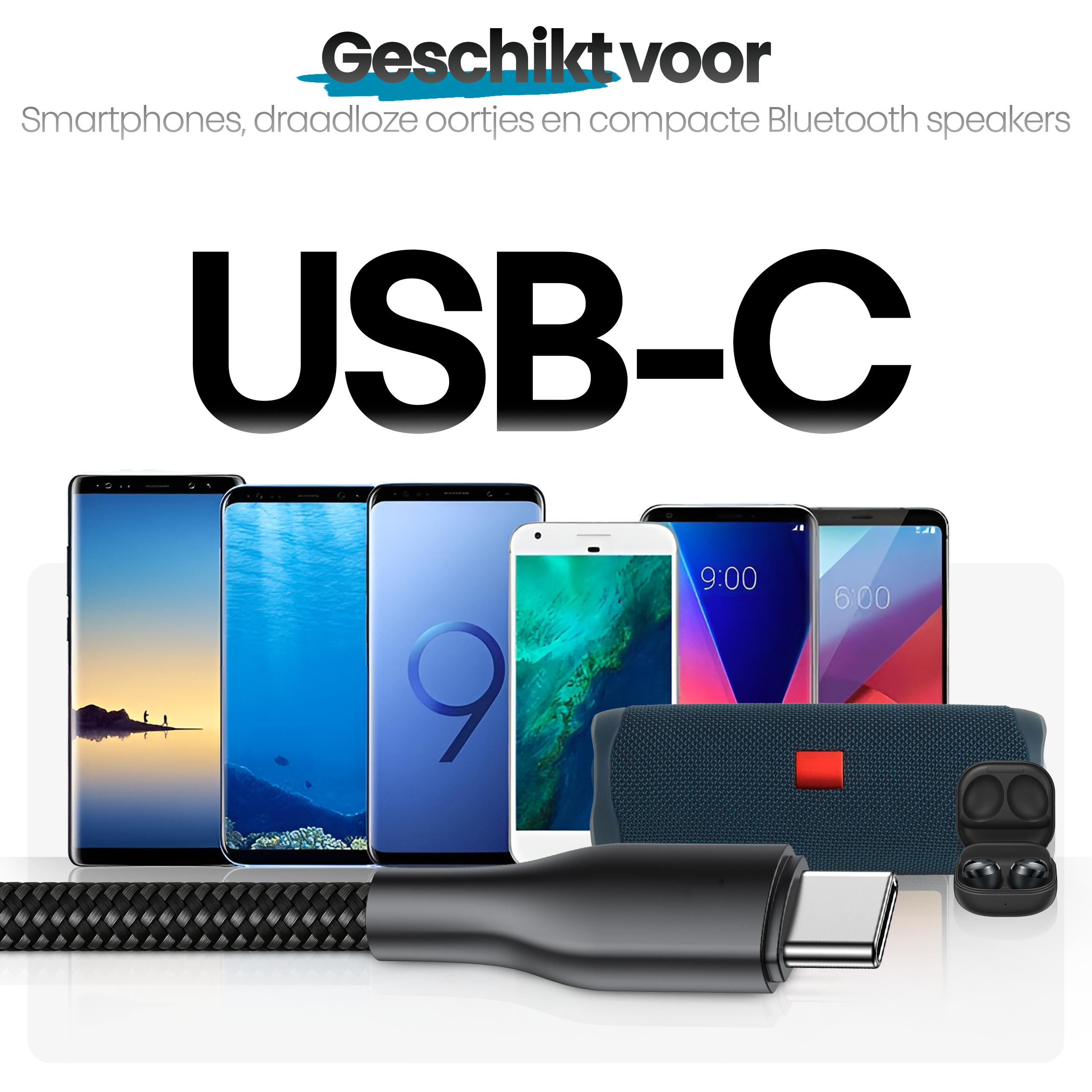 Afbeelding toont USB-C-kabel, smartphones, oortelefoons en luidspreker, met tekst 'USB-C'.