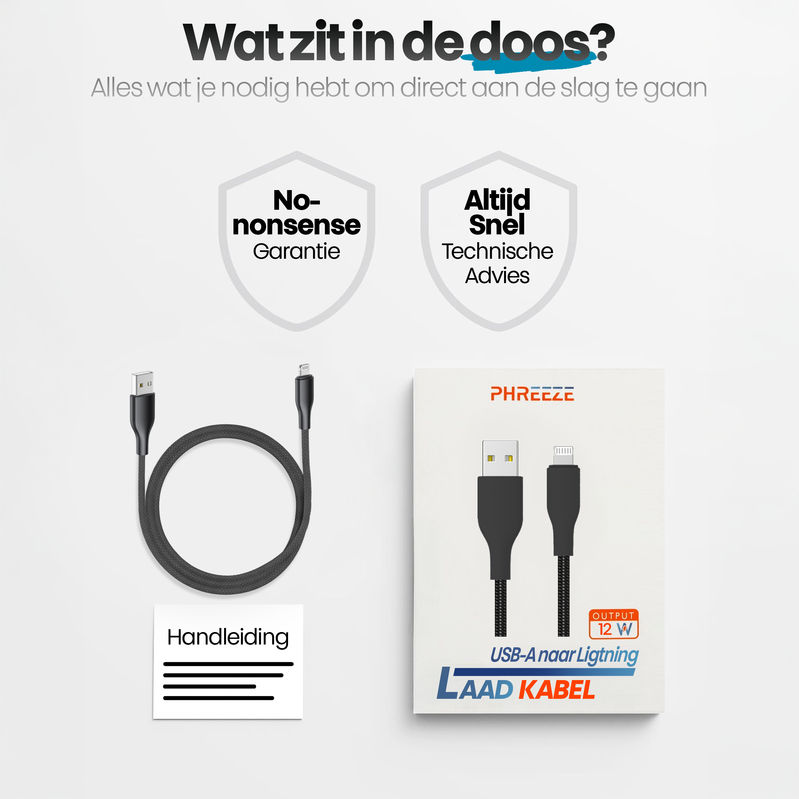 Image shows a USB-A to Lightning charging cable, a box with the same cable, and text in Dutch.