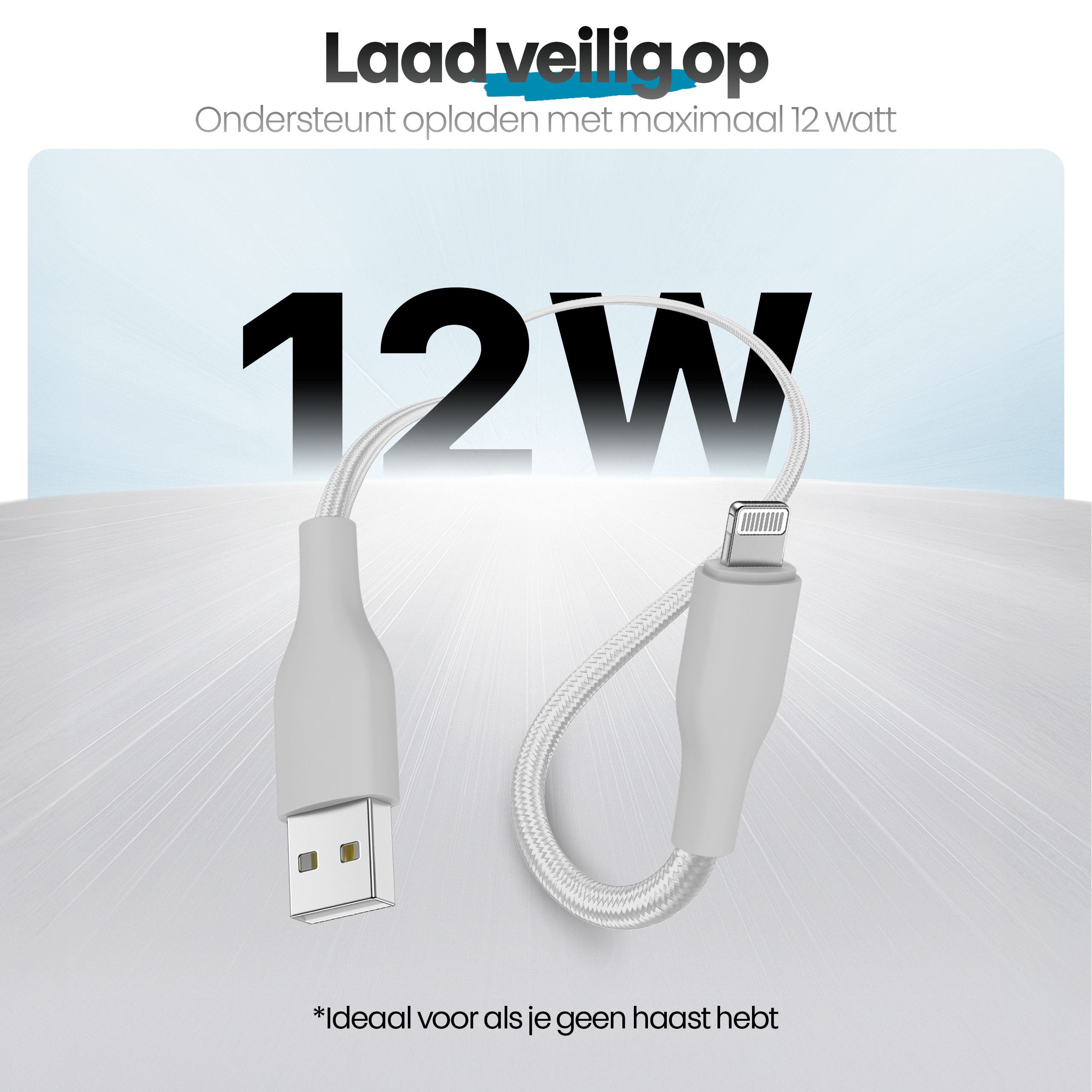 A white charging cable with USB and Lightning connectors. Text reads '12W'. Background is a gradient.