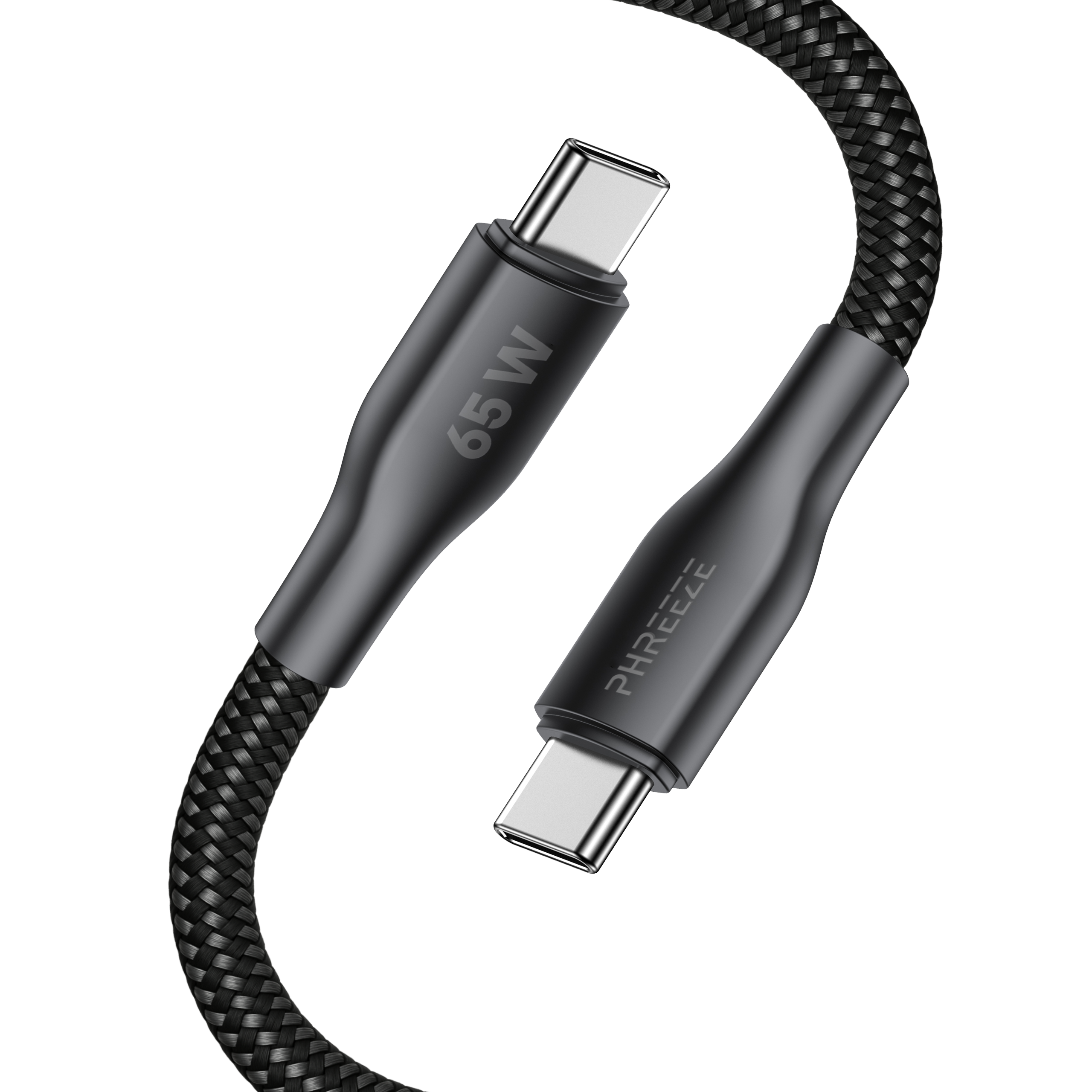 Zwarte USB-C-kabel met gevlochten ontwerp. Connectoren aan beide uiteinden. 65W en PHREEZE branding zichtbaar.