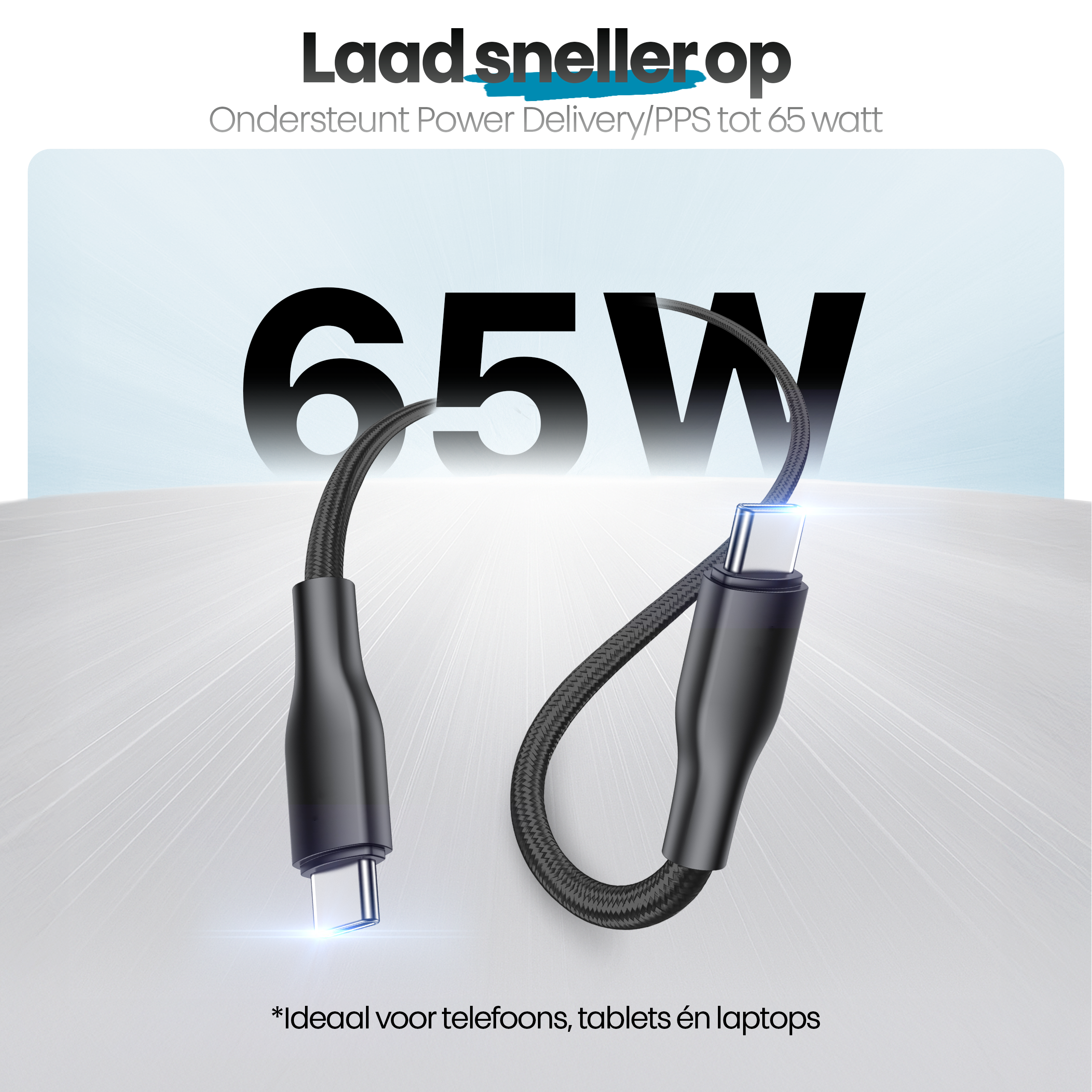 Afbeelding van een zwarte USB-C-kabel, met de tekst '65W'. De achtergrond is lichtgrijs met Nederlandse tekst.