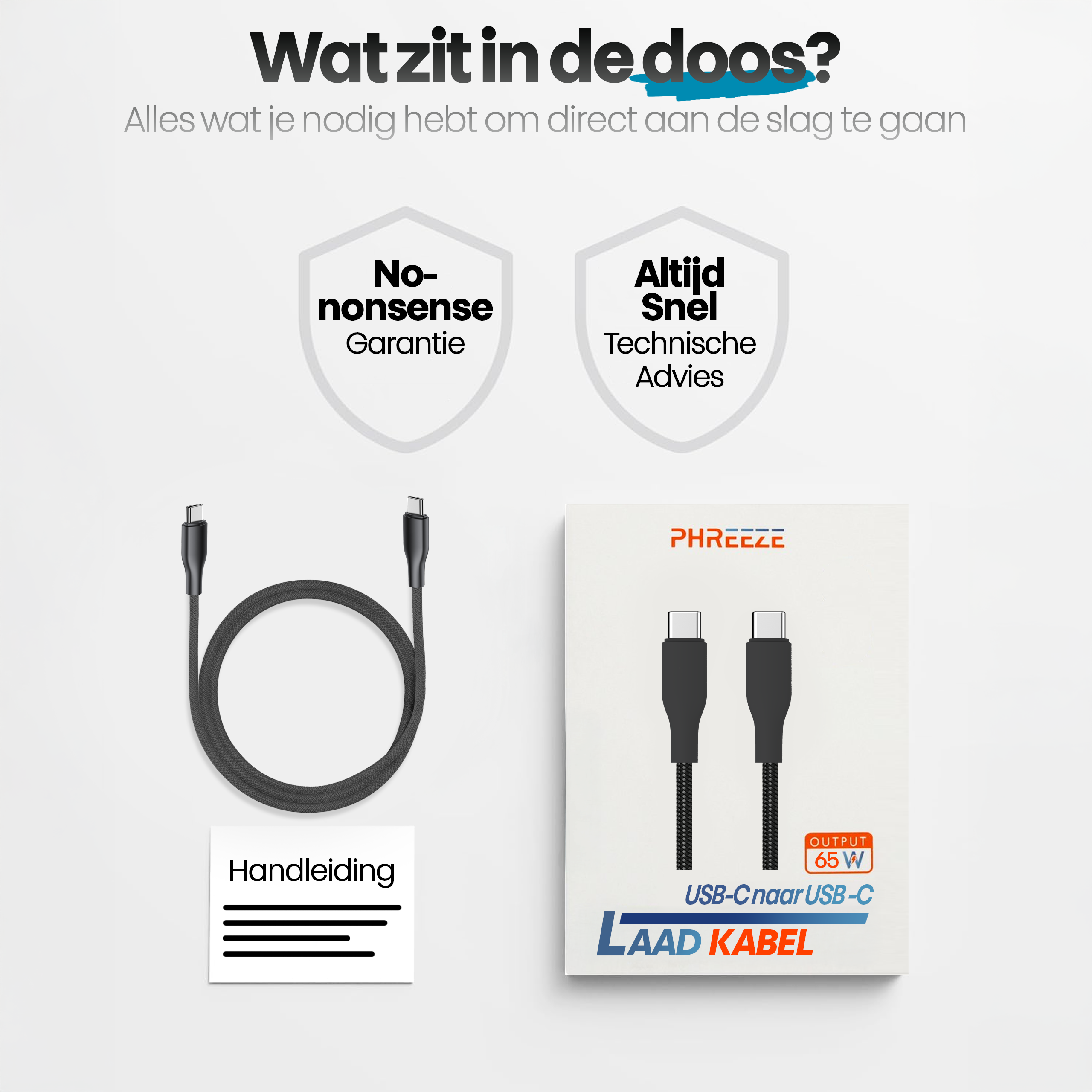 Afbeelding toont een USB-C oplaadkabel en de doos. Tekst omvat 'Wat zit in de doos?' en 'LAAD KABEL'.