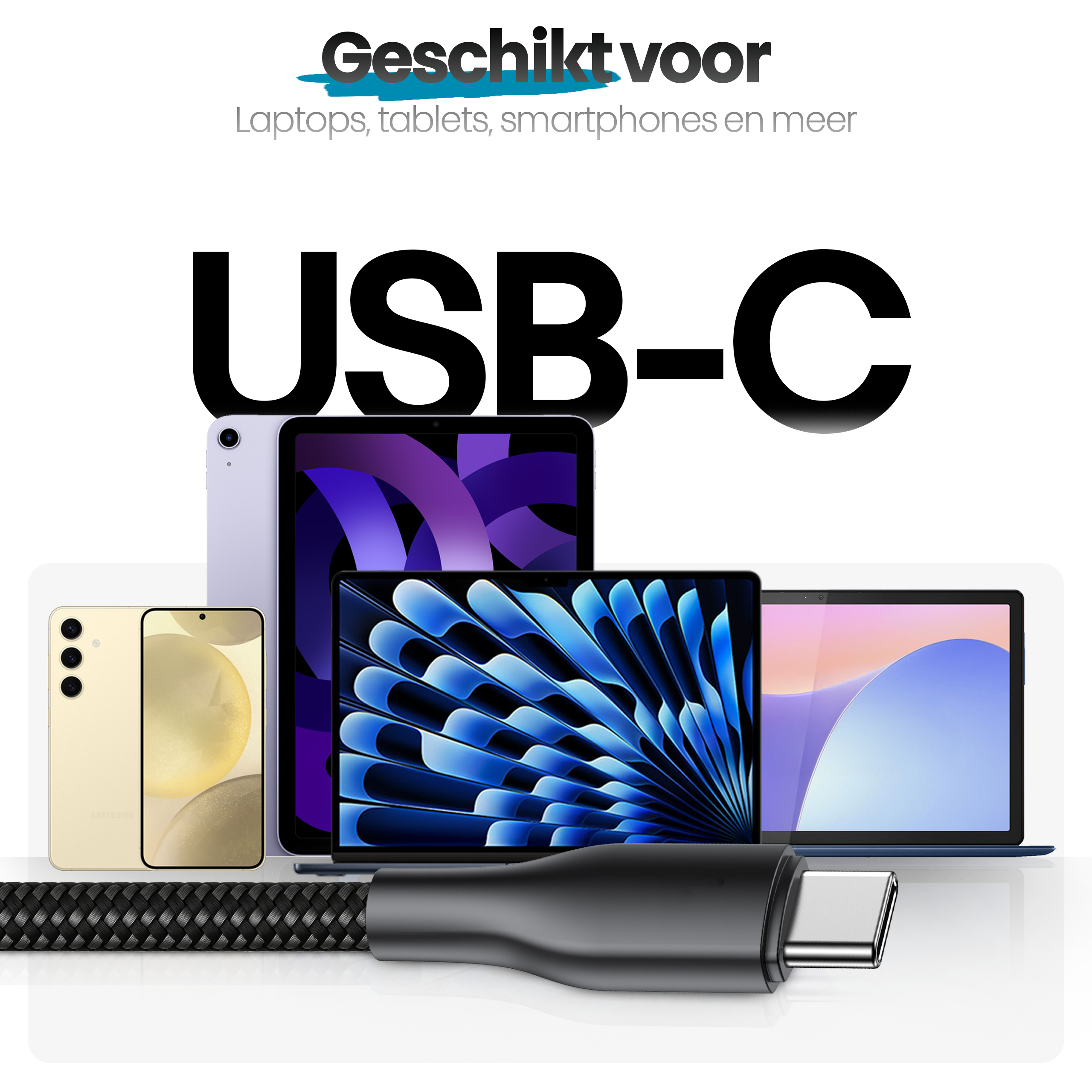 Afbeelding toont een USB-C-kabel met apparaten zoals telefoons en tablets. De tekst overlay leest 'USB-C'.