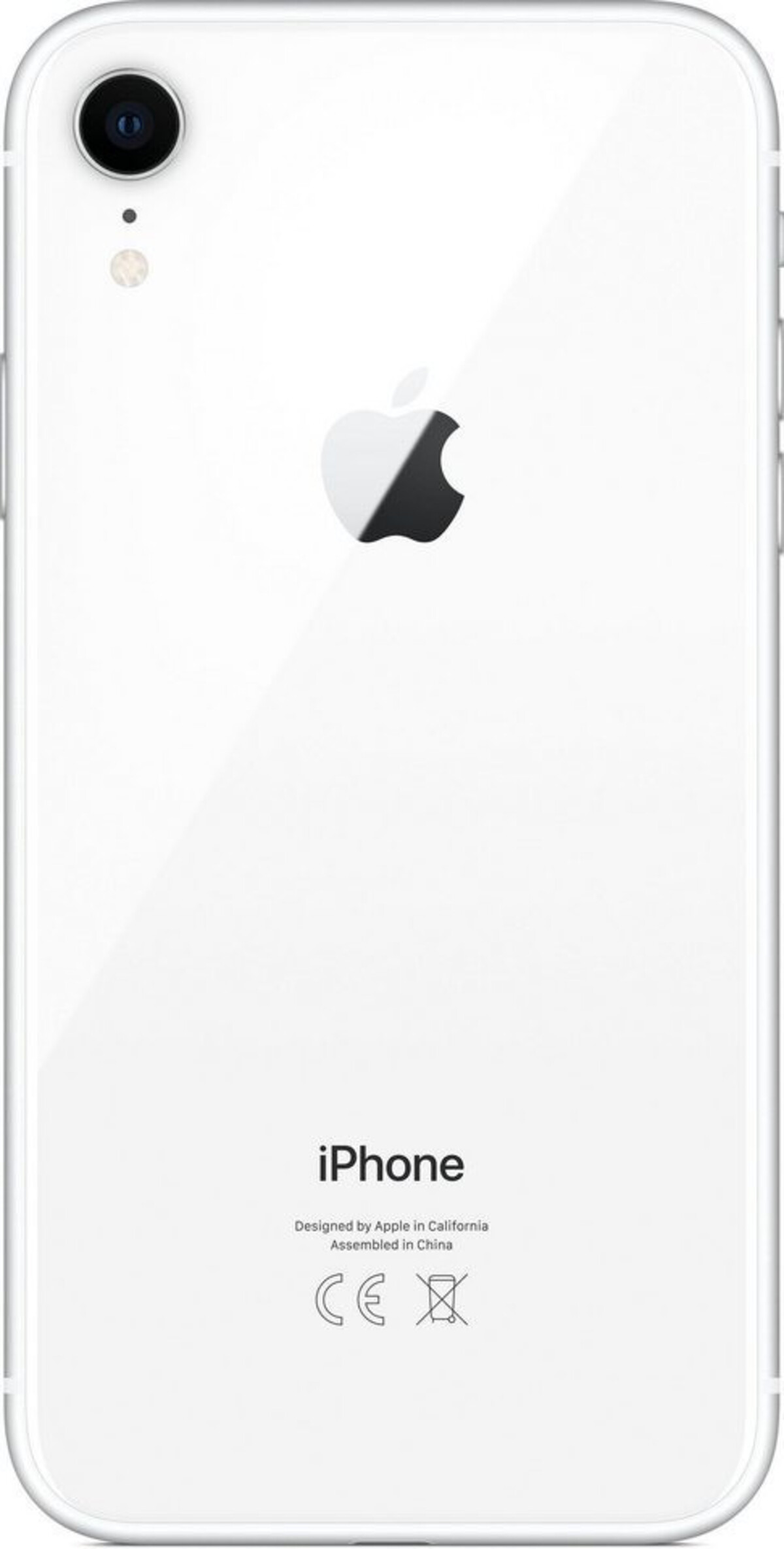 Rückseite des weißen iPhones. Mit Kamera, Apple-Logo und iPhone-Text. Enthält CE-Kennzeichnungen und 'Designed by Apple'.