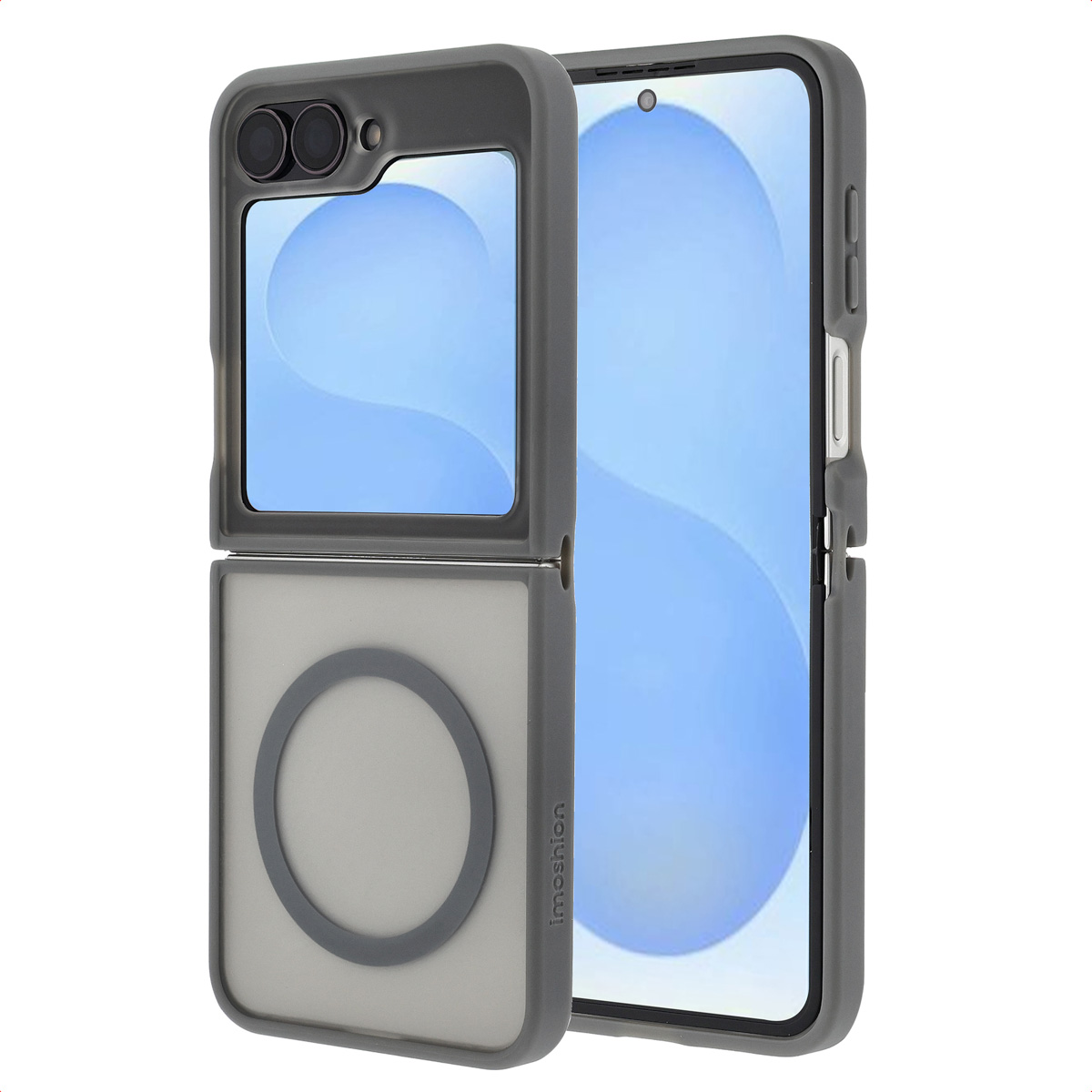 Een grijze telefoonhoes beschermt een opvouwbare smartphone. De hoes heeft een camera-uitsparing, een scherm en een magnetische ring.